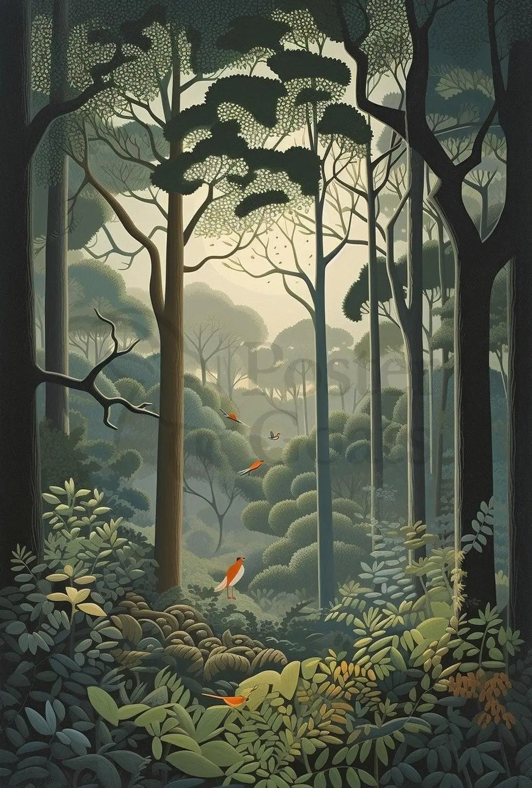 Serene Forest with Vibrant Birds Artistic Poster PosterGoat