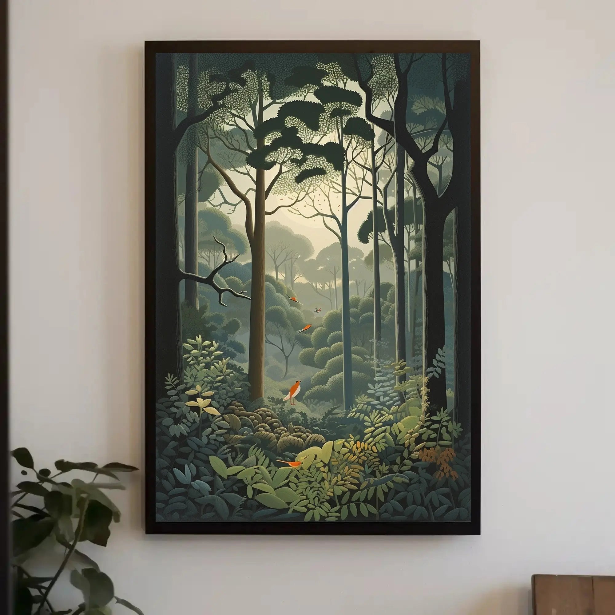 Serene Forest with Vibrant Birds Artistic Poster PosterGoat