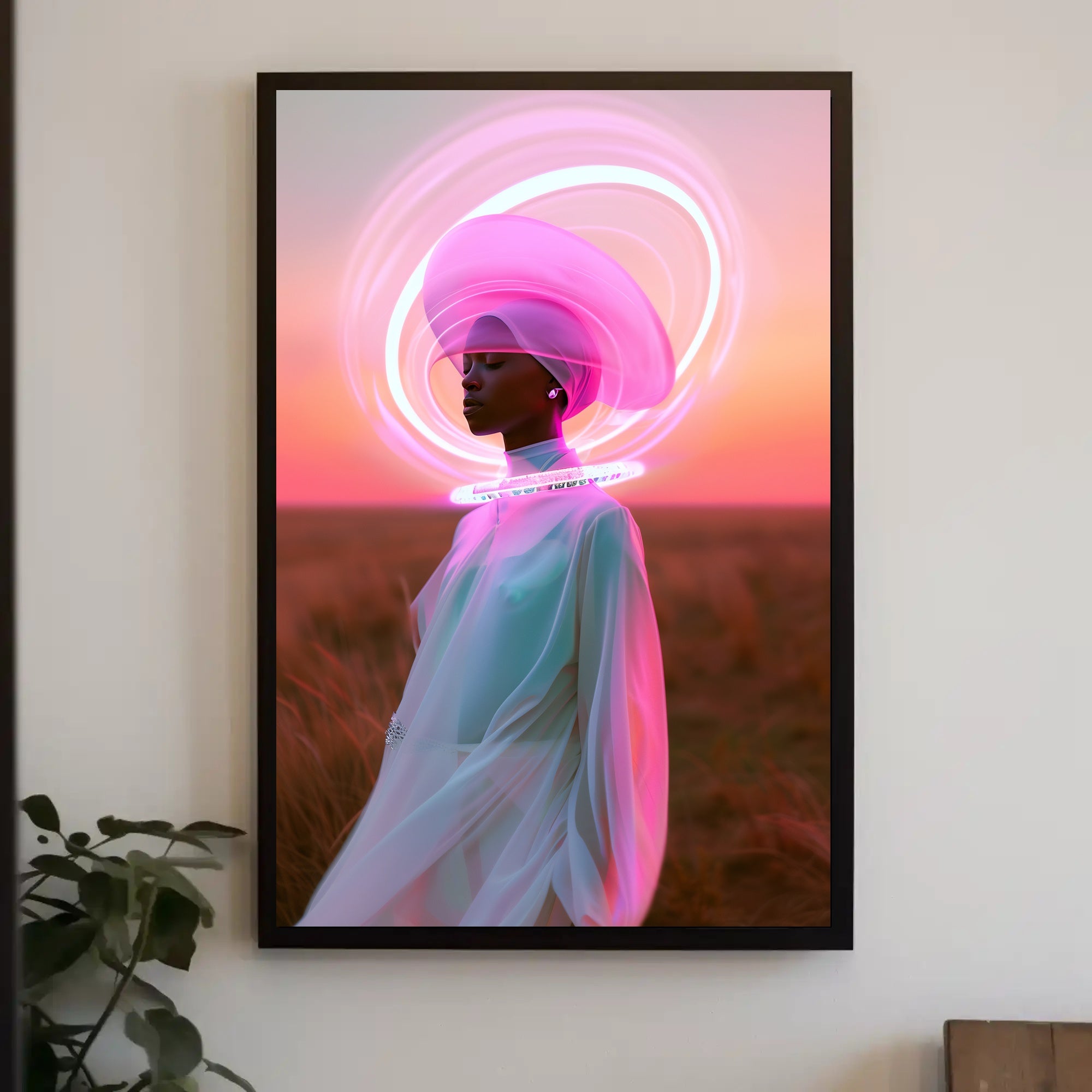 Serene Futuristic Visionary in Surreal Neon Hues Sci-Fi Poster PosterGoat