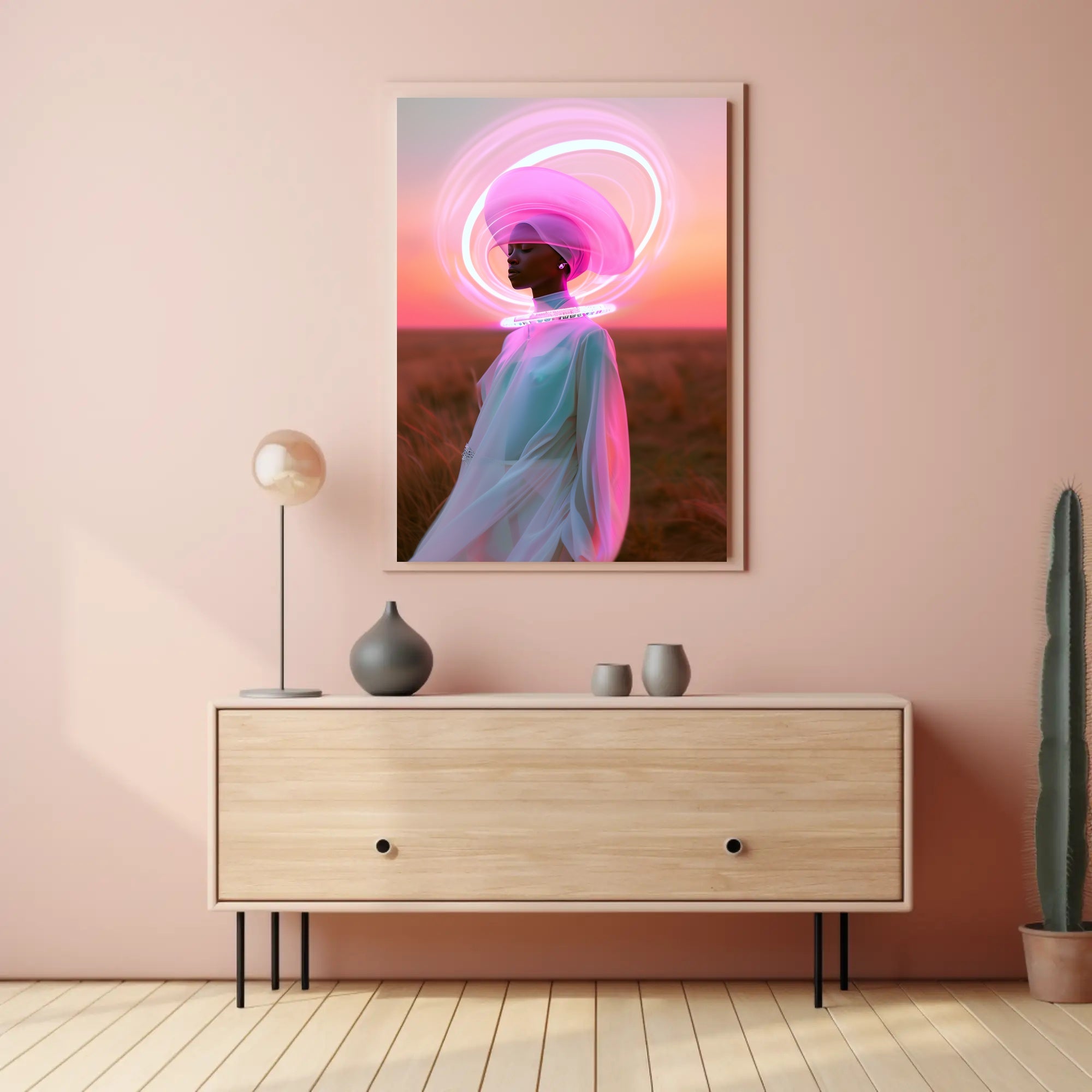 Serene Futuristic Visionary in Surreal Neon Hues Sci-Fi Poster PosterGoat