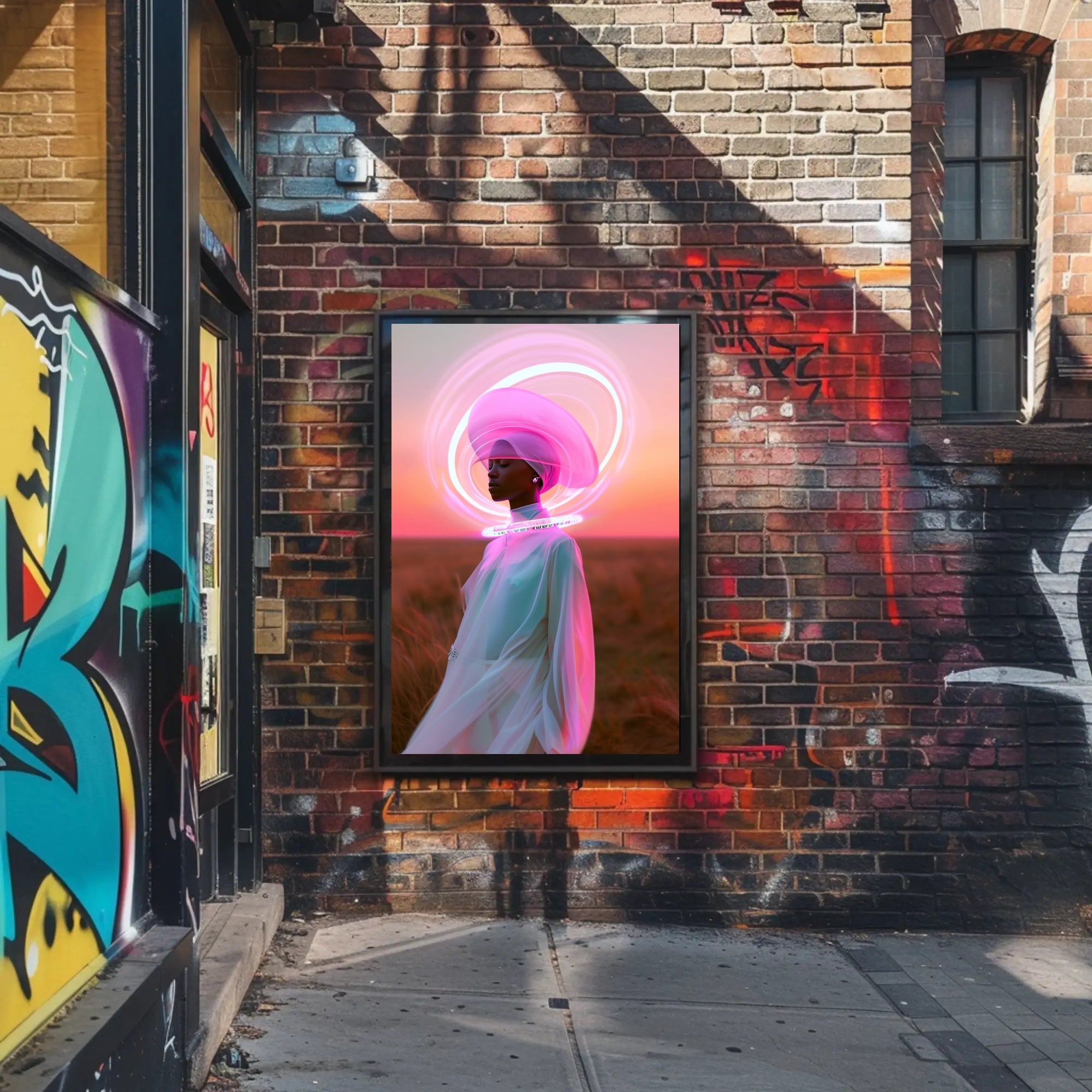 Serene Futuristic Visionary in Surreal Neon Hues Sci-Fi Poster PosterGoat