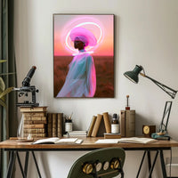 Serene Futuristic Visionary in Surreal Neon Hues Sci-Fi Poster PosterGoat