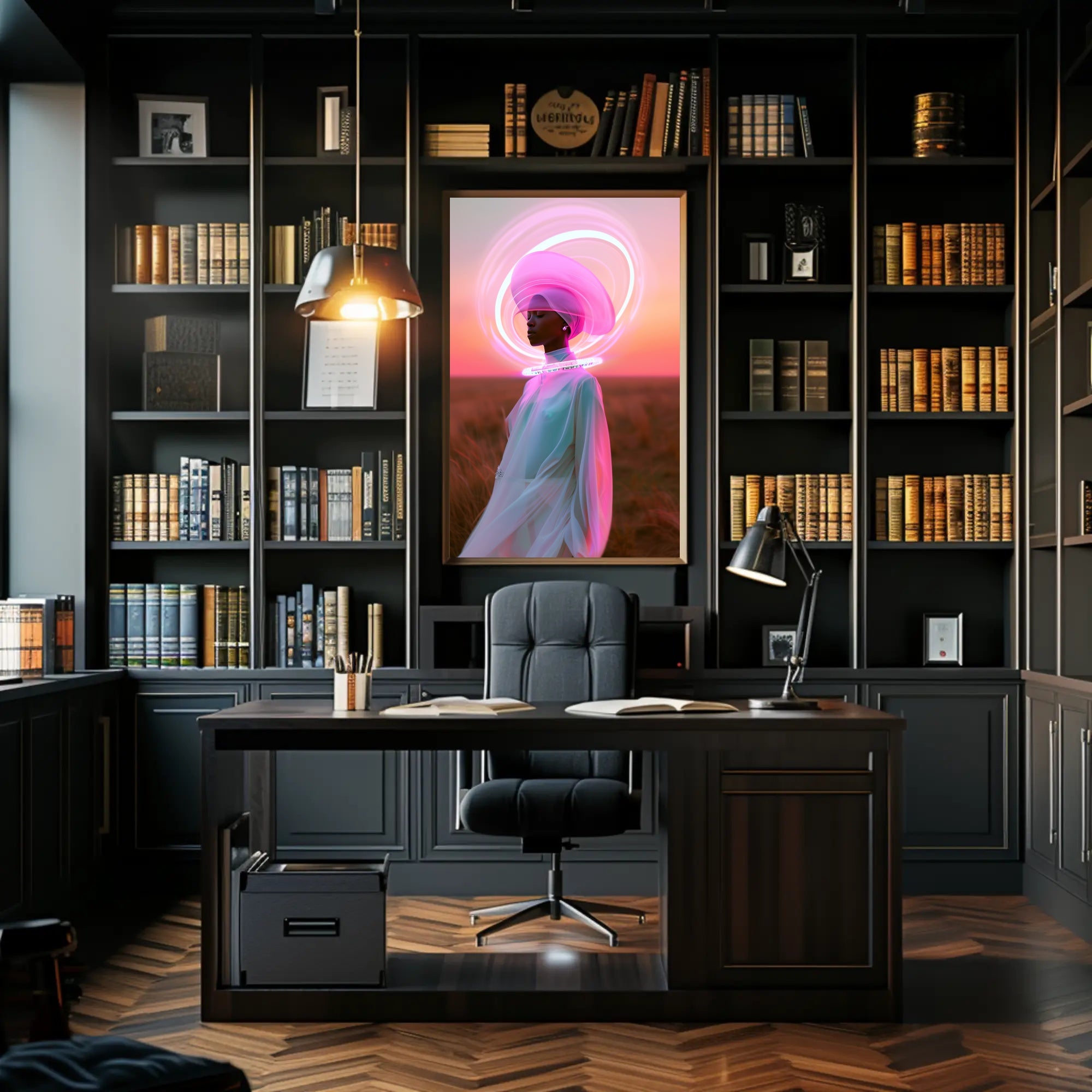 Serene Futuristic Visionary in Surreal Neon Hues Sci-Fi Poster PosterGoat