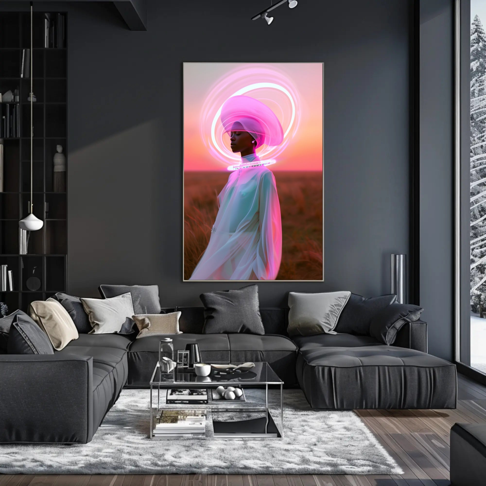 Serene Futuristic Visionary in Surreal Neon Hues Sci-Fi Poster PosterGoat