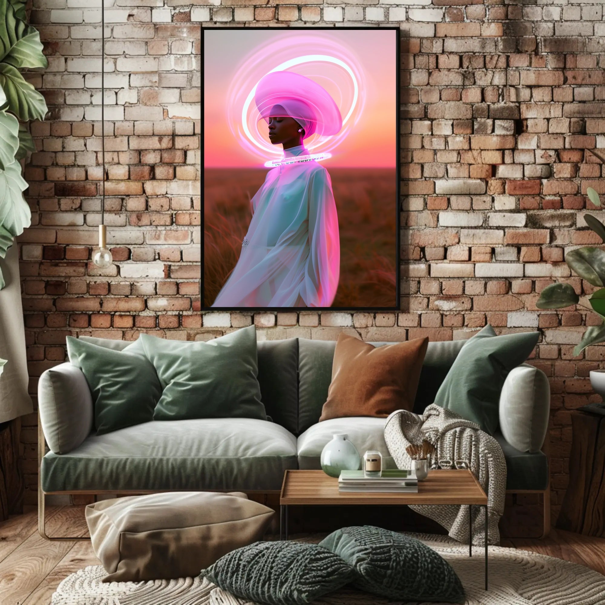 Serene Futuristic Visionary in Surreal Neon Hues Sci-Fi Poster PosterGoat