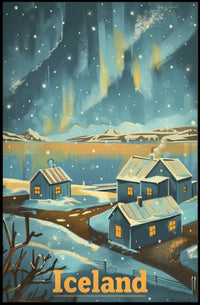 Serene Icelandic Village Aurora Travel Poster PosterGoat