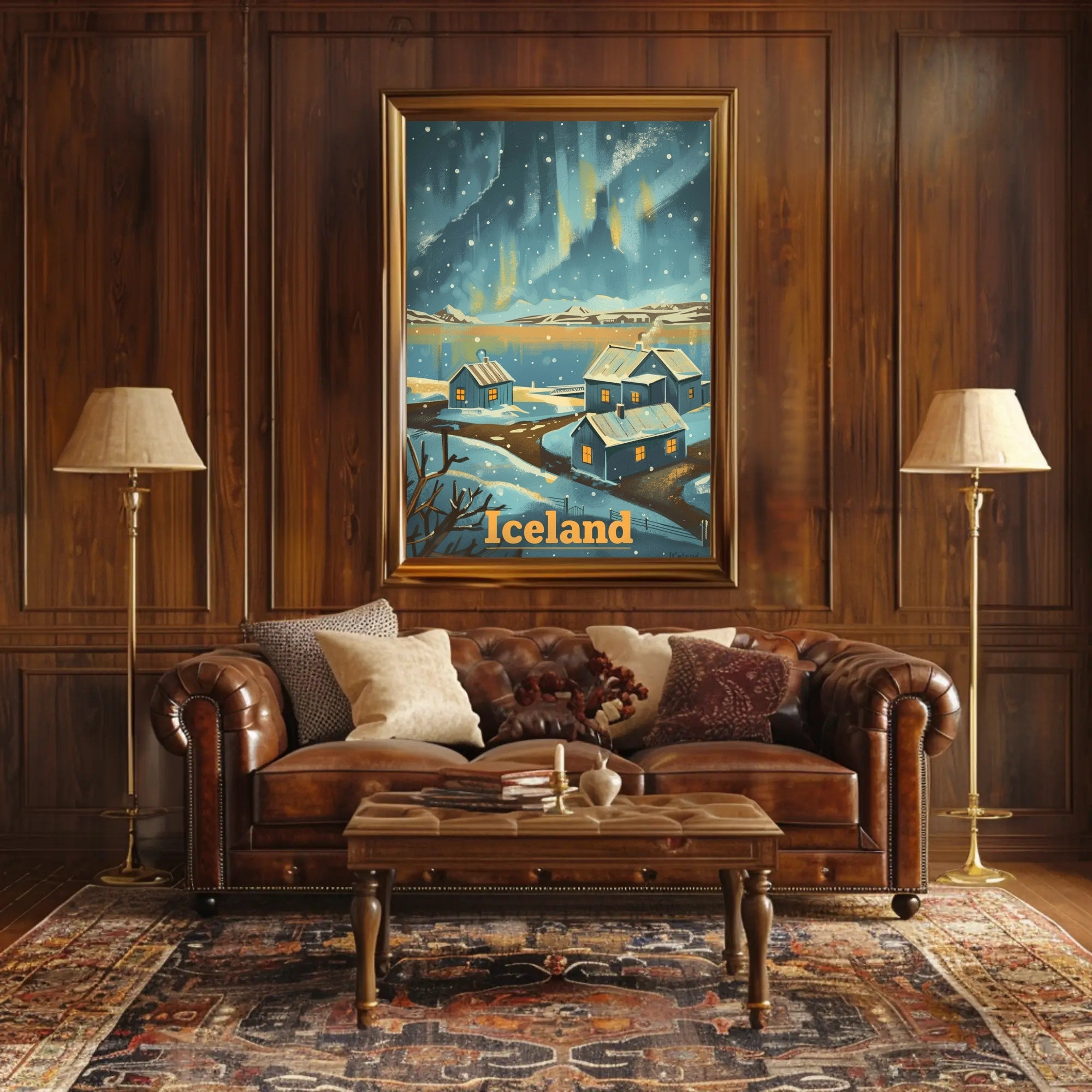 Serene Icelandic Village Aurora Travel Poster PosterGoat
