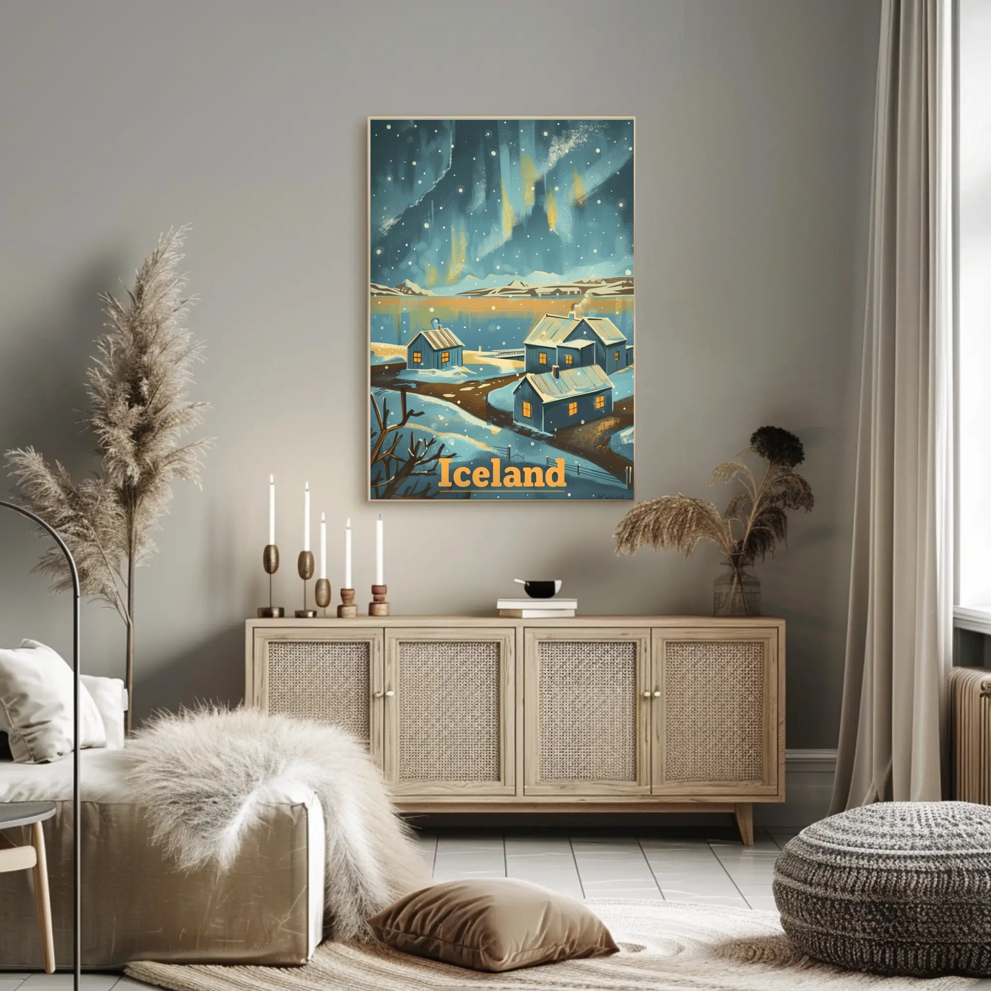 Serene Icelandic Village Aurora Travel Poster PosterGoat