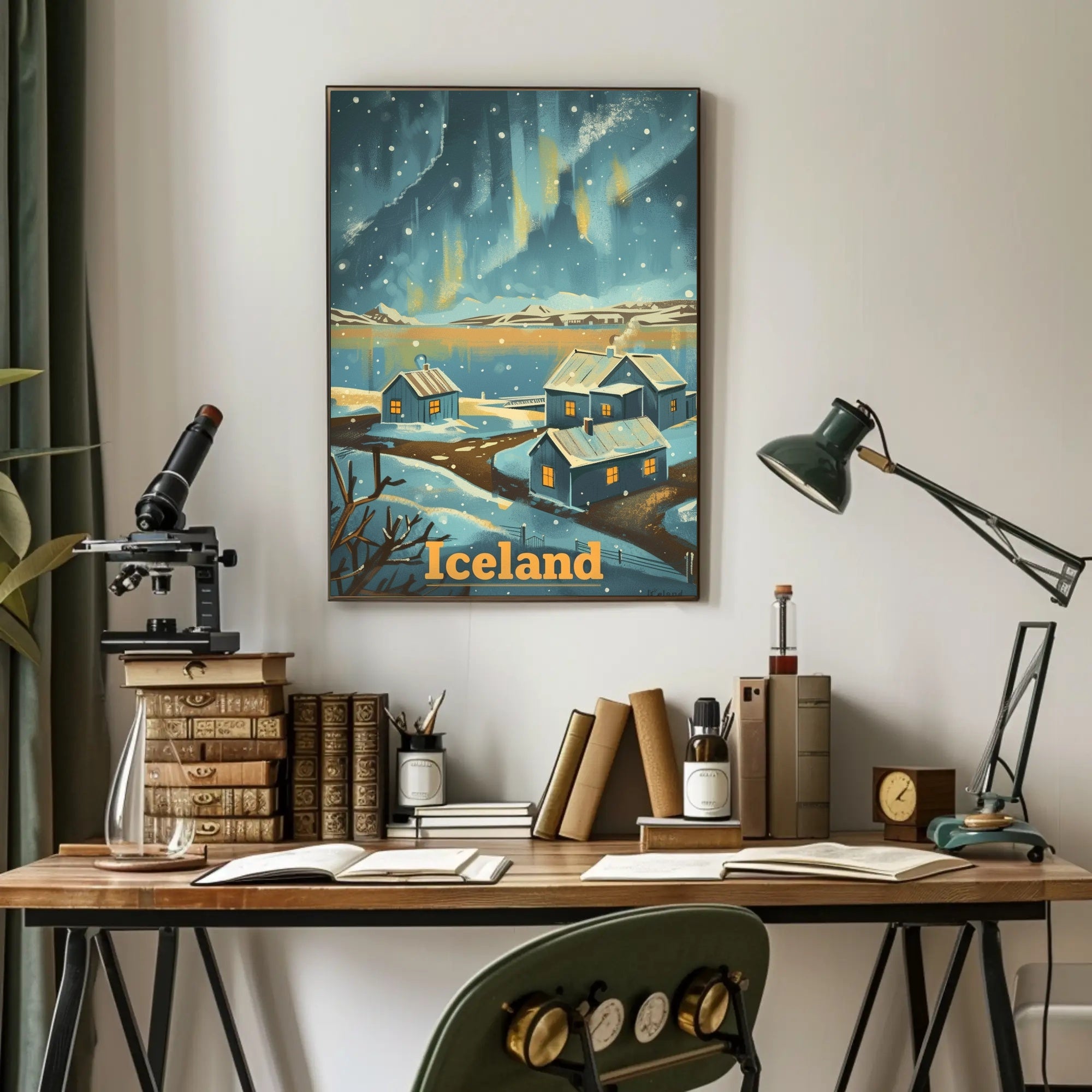 Serene Icelandic Village Aurora Travel Poster PosterGoat