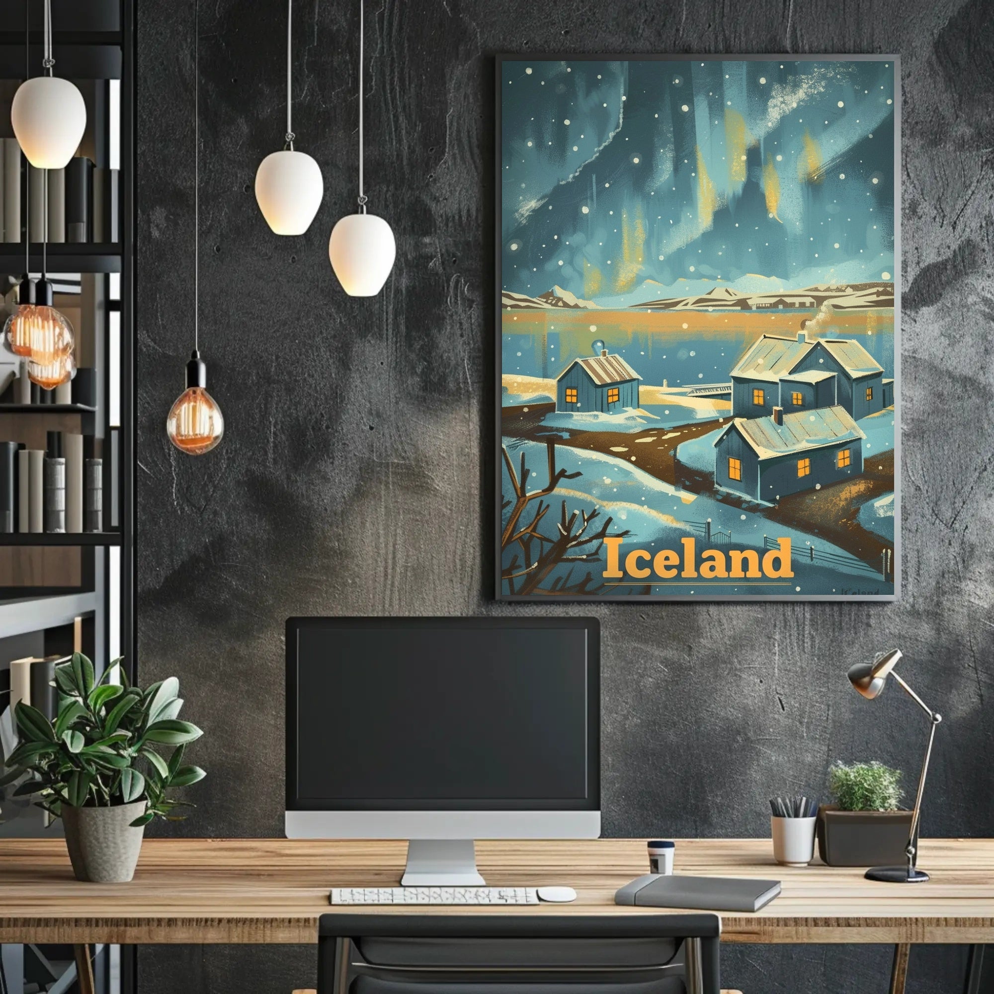 Serene Icelandic Village Aurora Travel Poster PosterGoat