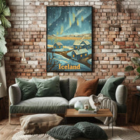 Serene Icelandic Village Aurora Travel Poster PosterGoat