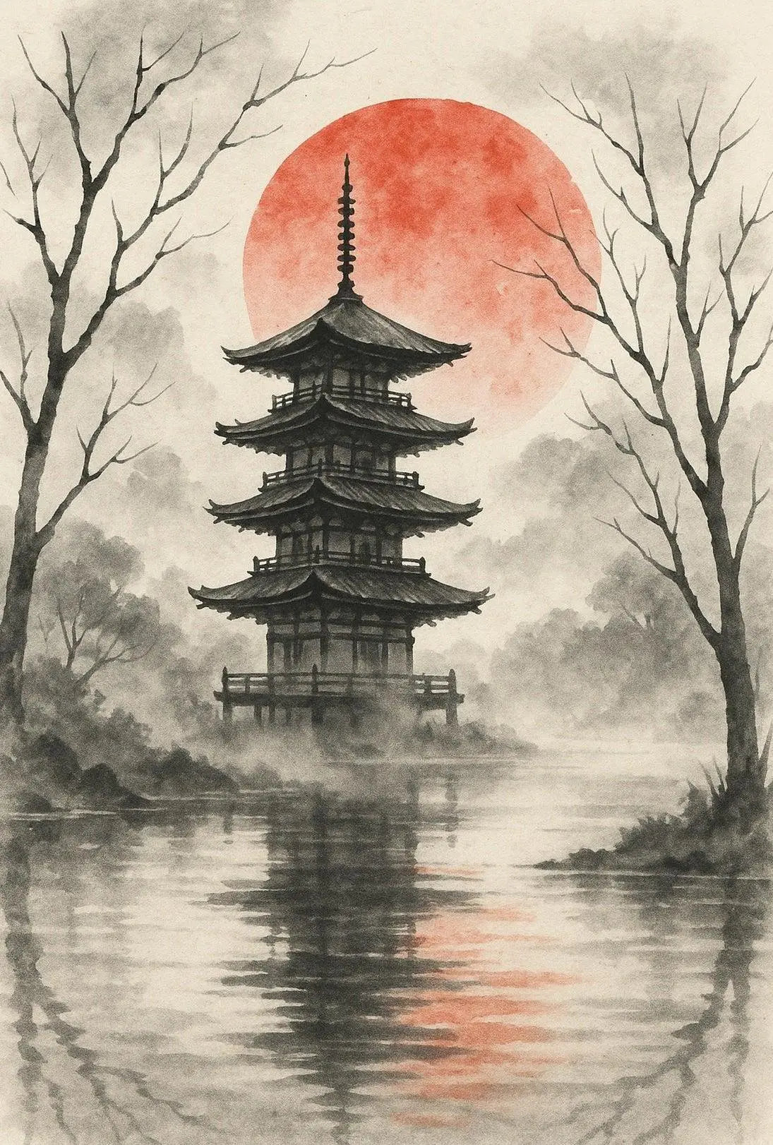 Serene Japanese Pagoda Ink Wash Cultural Heritage Poster PosterGoat