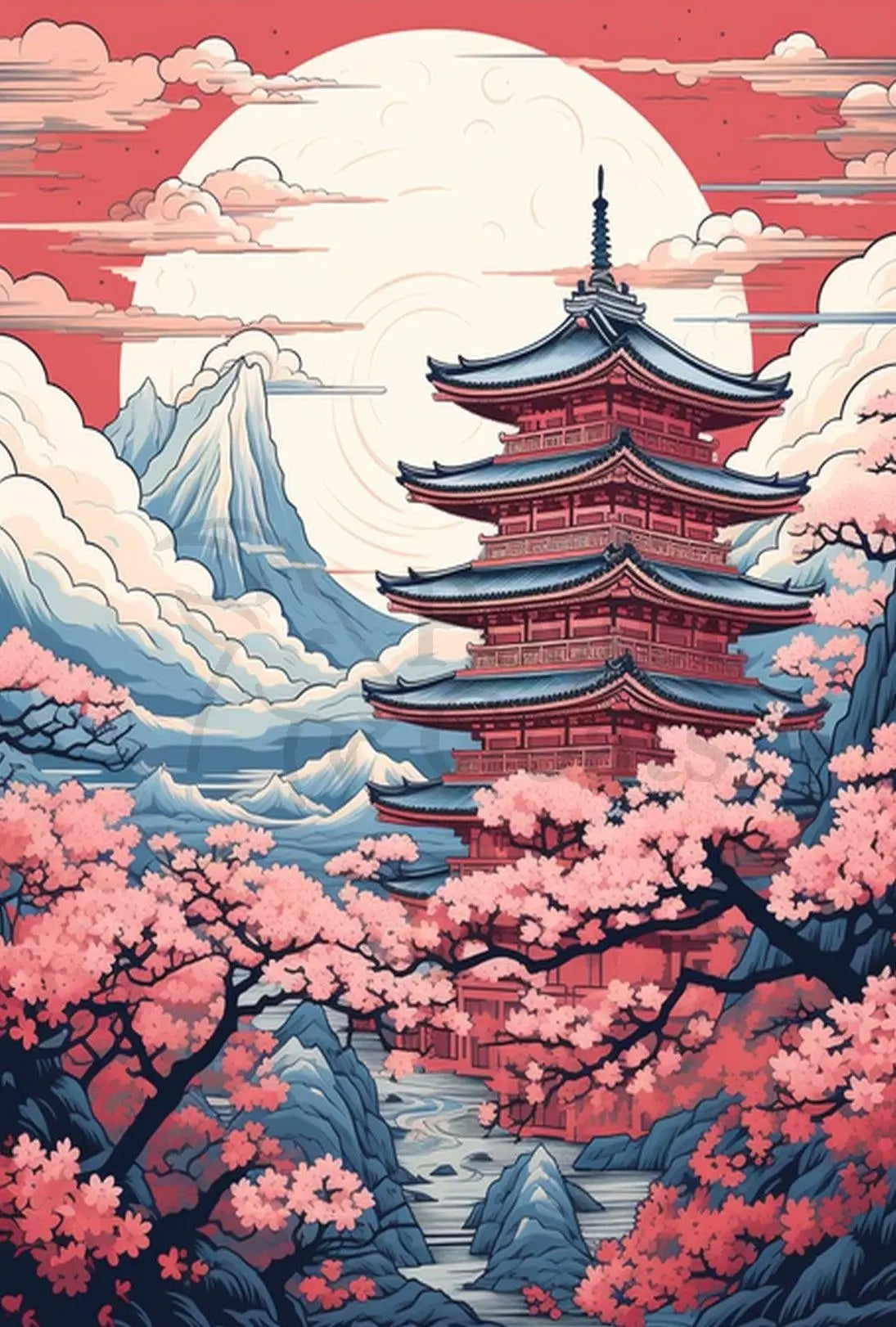 Serene Japanese Pagoda with Cherry Blossoms Cultural Poster PosterGoat