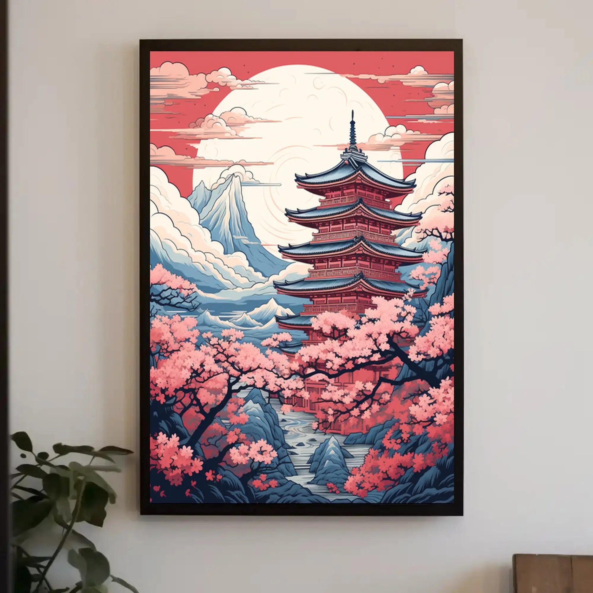 Serene Japanese Pagoda with Cherry Blossoms Cultural Poster PosterGoat