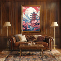 Serene Japanese Pagoda with Cherry Blossoms Cultural Poster PosterGoat
