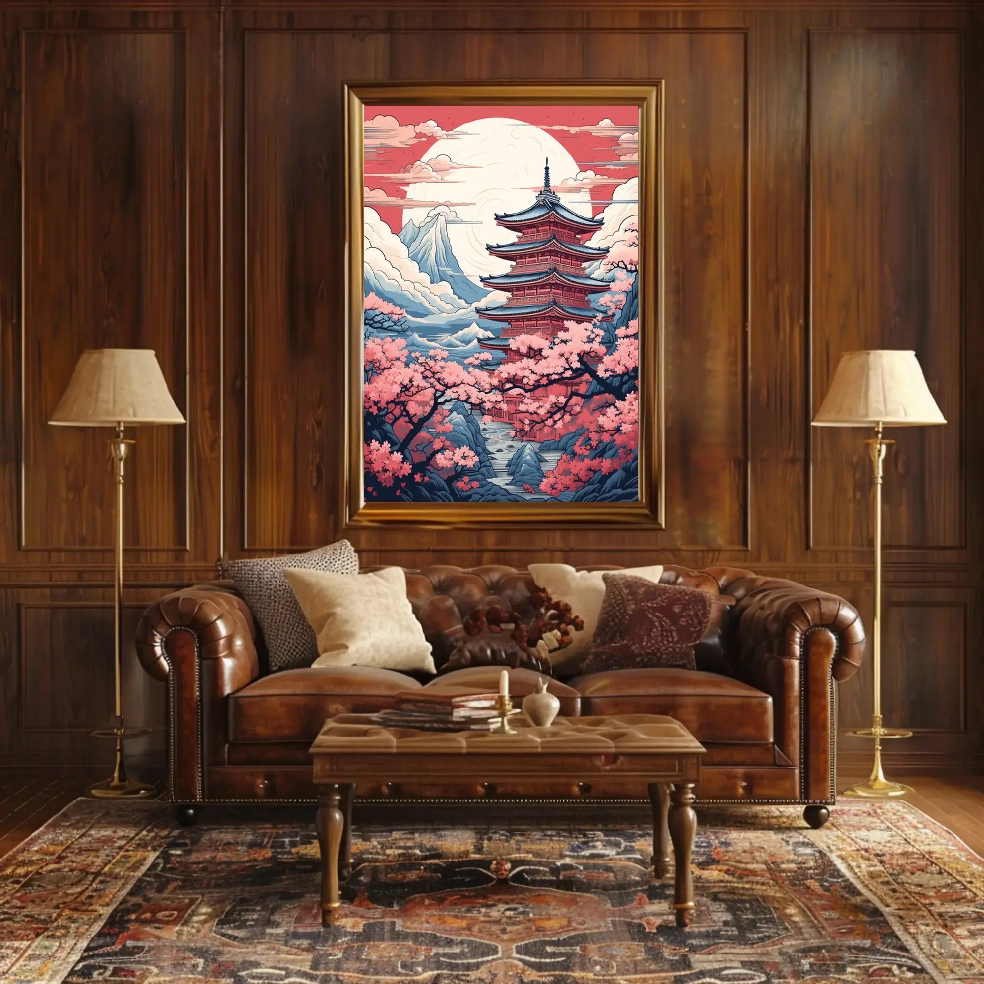 Serene Japanese Pagoda with Cherry Blossoms Cultural Poster PosterGoat