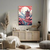 Serene Japanese Pagoda with Cherry Blossoms Cultural Poster PosterGoat