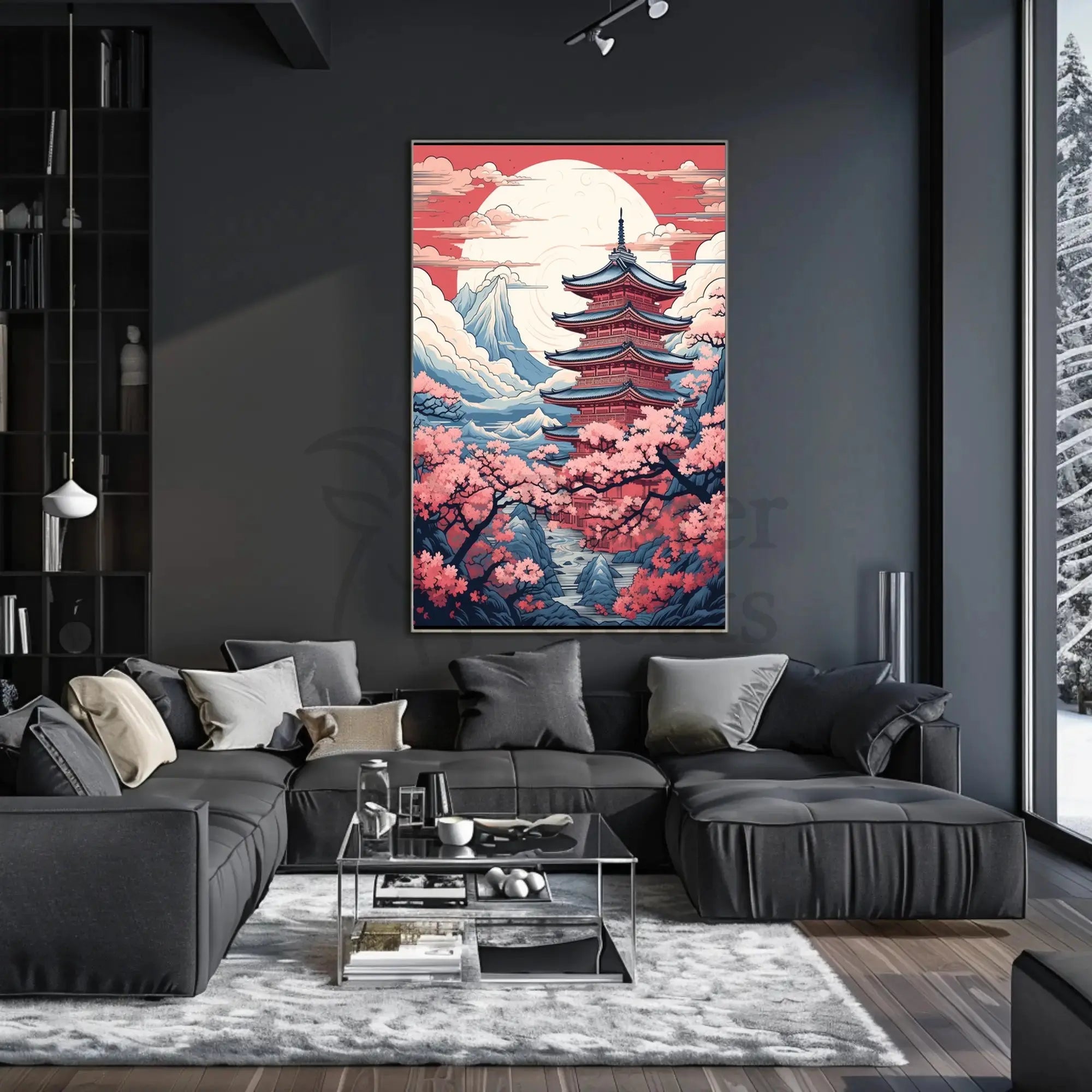 Serene Japanese Pagoda with Cherry Blossoms Cultural Poster PosterGoat