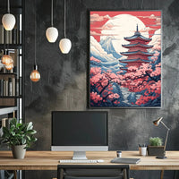 Serene Japanese Pagoda with Cherry Blossoms Cultural Poster PosterGoat