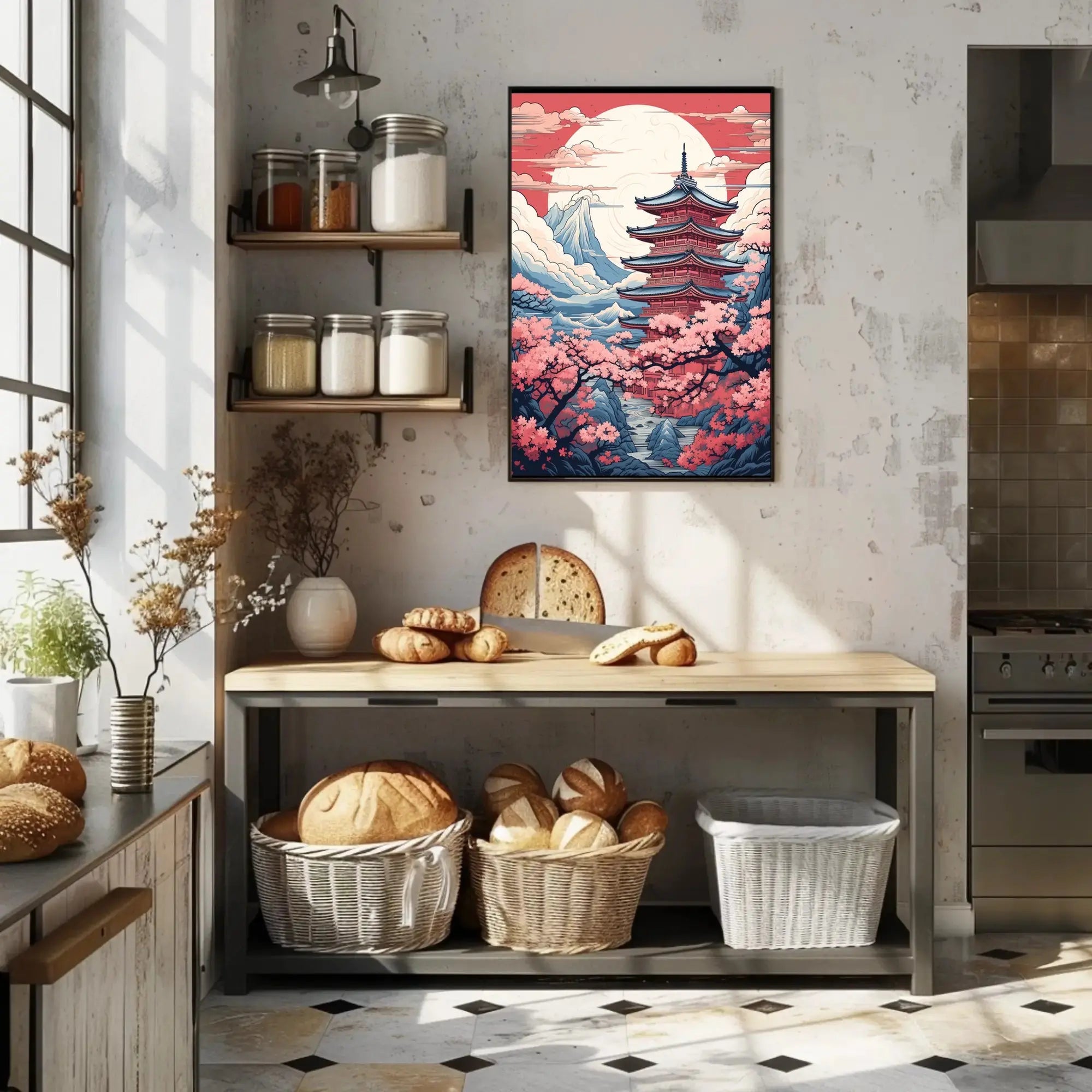 Serene Japanese Pagoda with Cherry Blossoms Cultural Poster PosterGoat