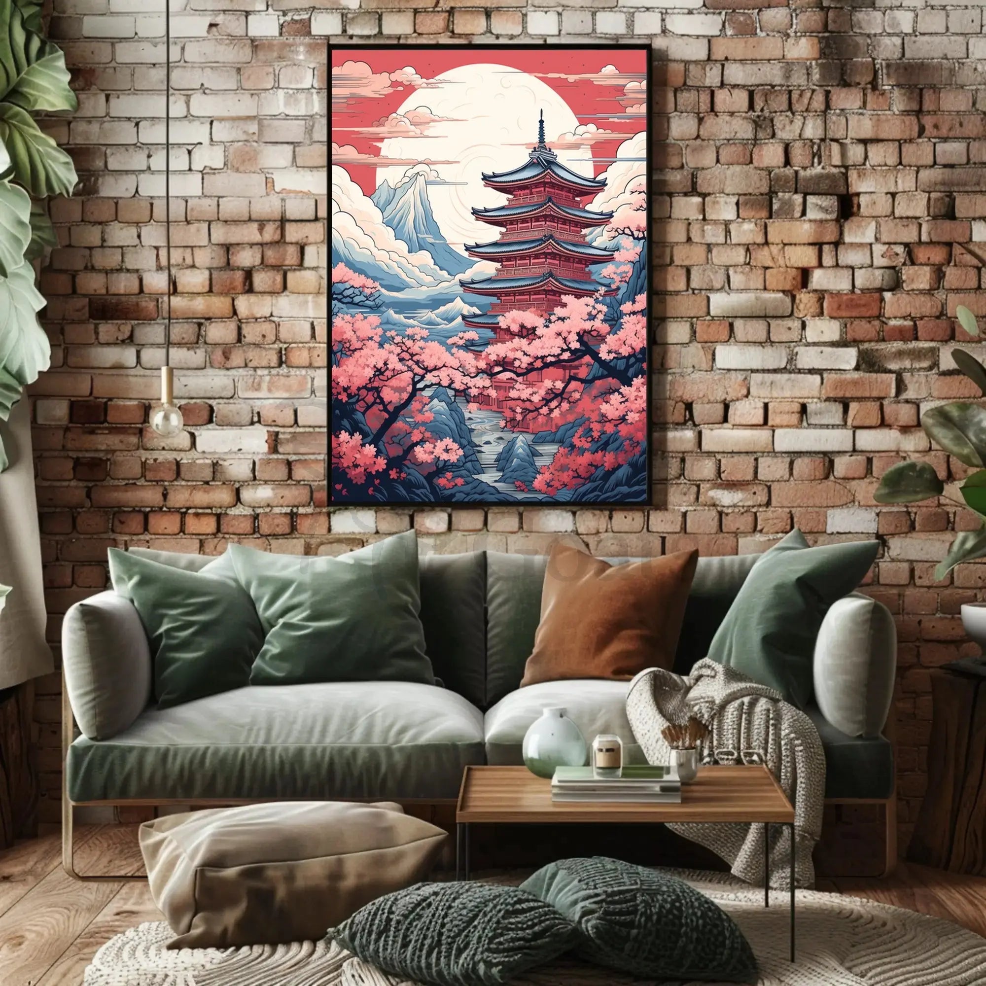 Serene Japanese Pagoda with Cherry Blossoms Cultural Poster PosterGoat