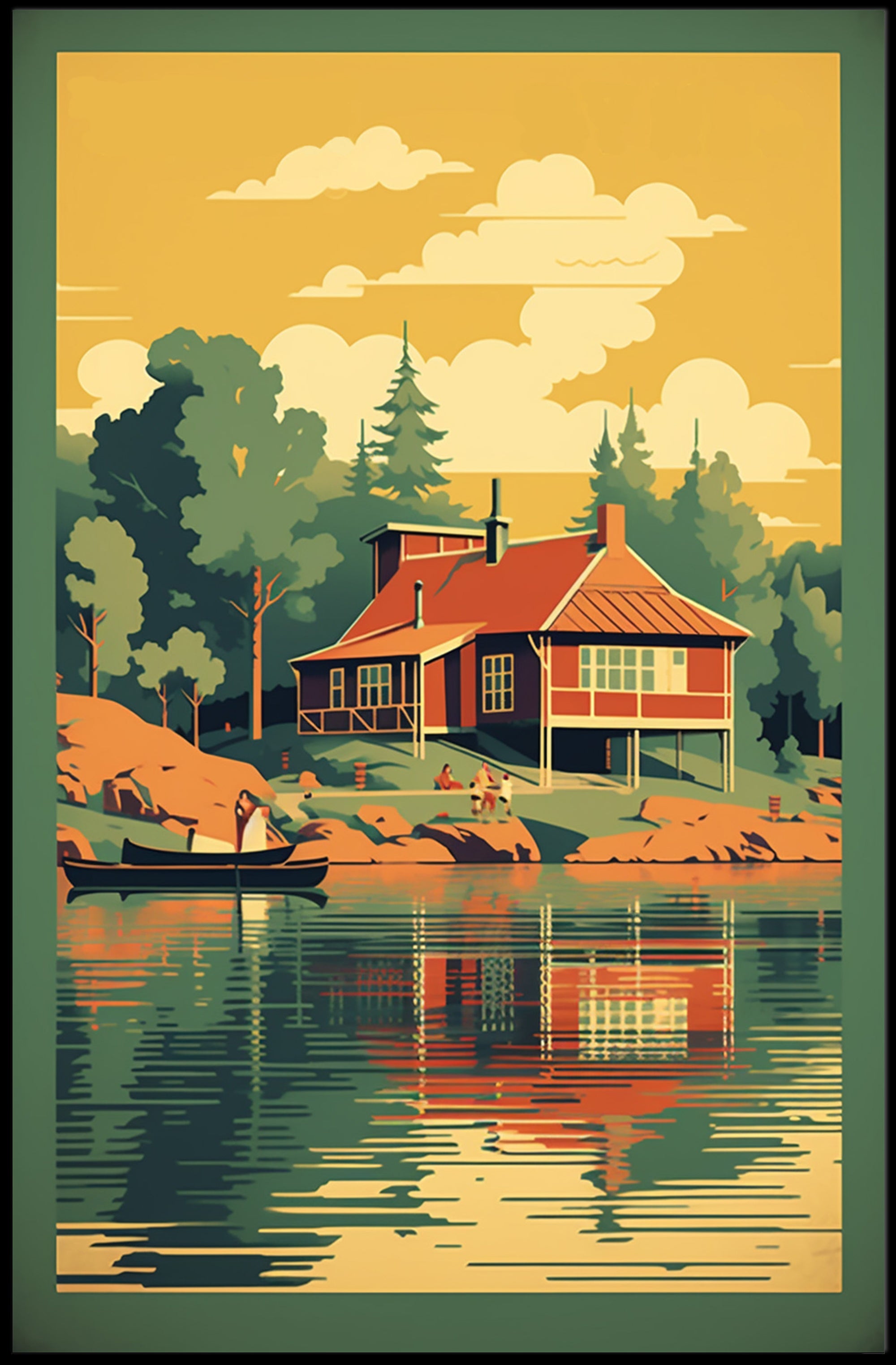 Serene Lakeside Cottage Vintage Travel Poster PosterGoat