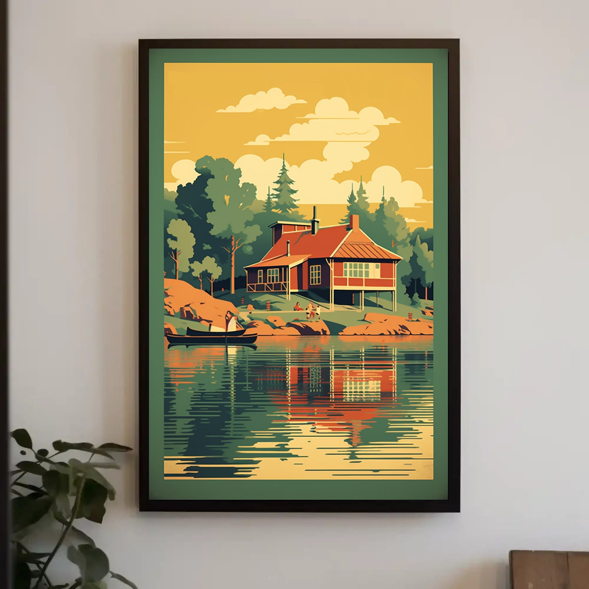 Serene Lakeside Cottage Vintage Travel Poster PosterGoat