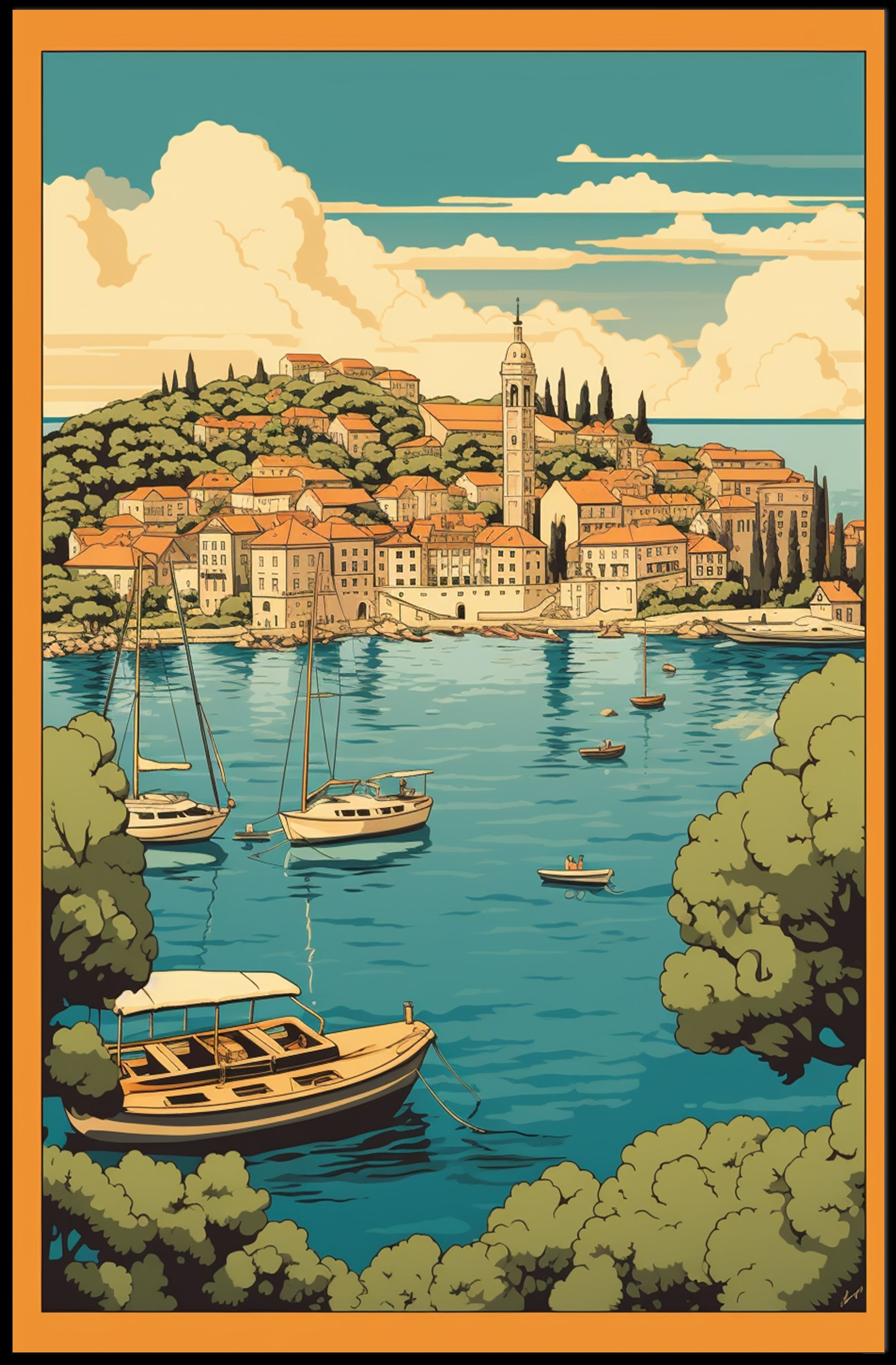 Serene Mediterranean Harbor Scene - Travel Poster PosterGoat