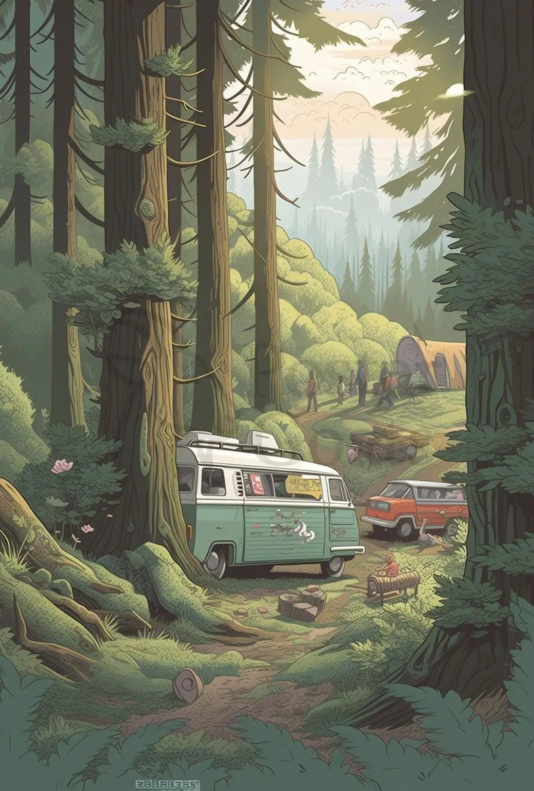 Serene Retro Escape Forest Camping Travel Poster PosterGoat