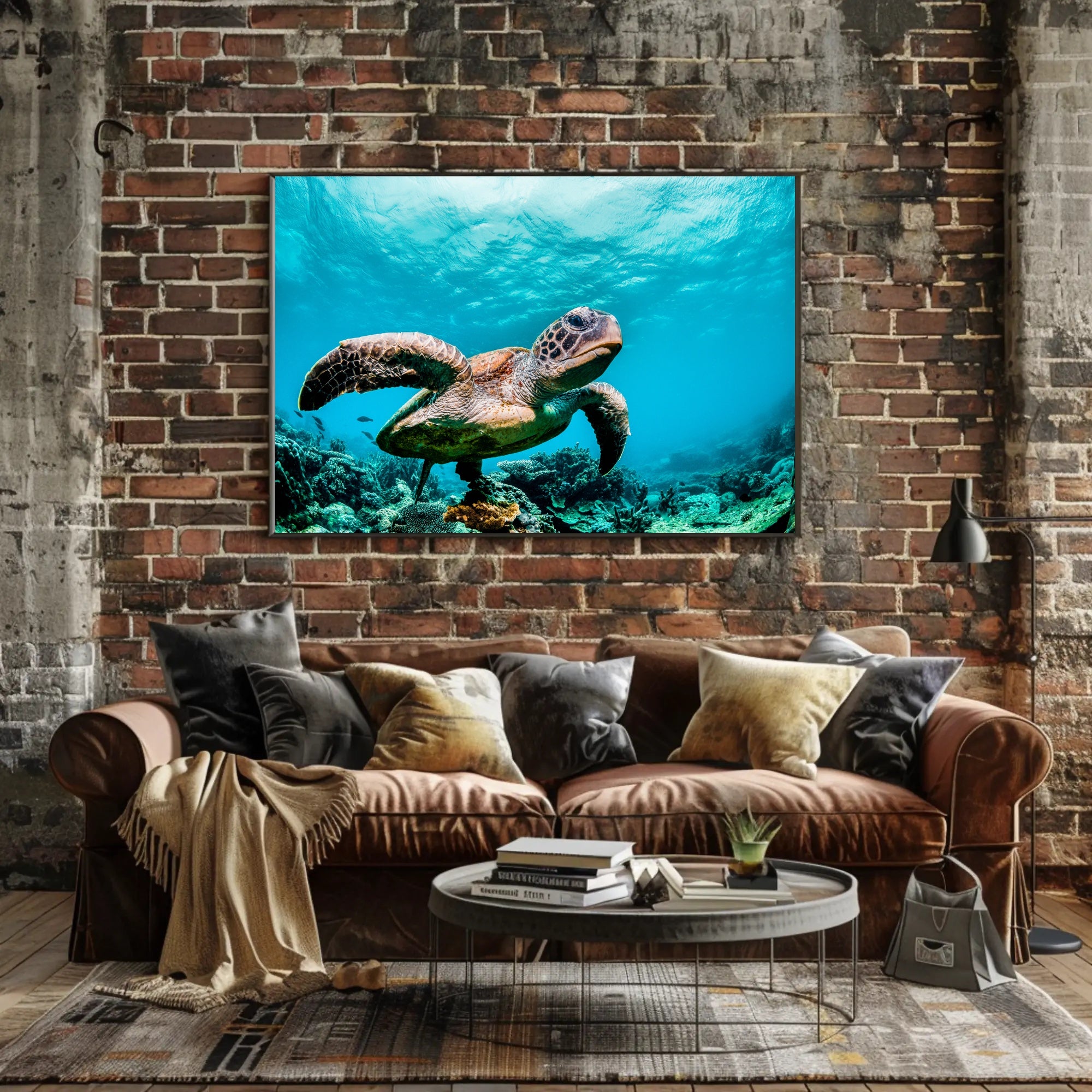 Serene Sea Turtle Swimming Over Coral Animal Poster PosterGoat