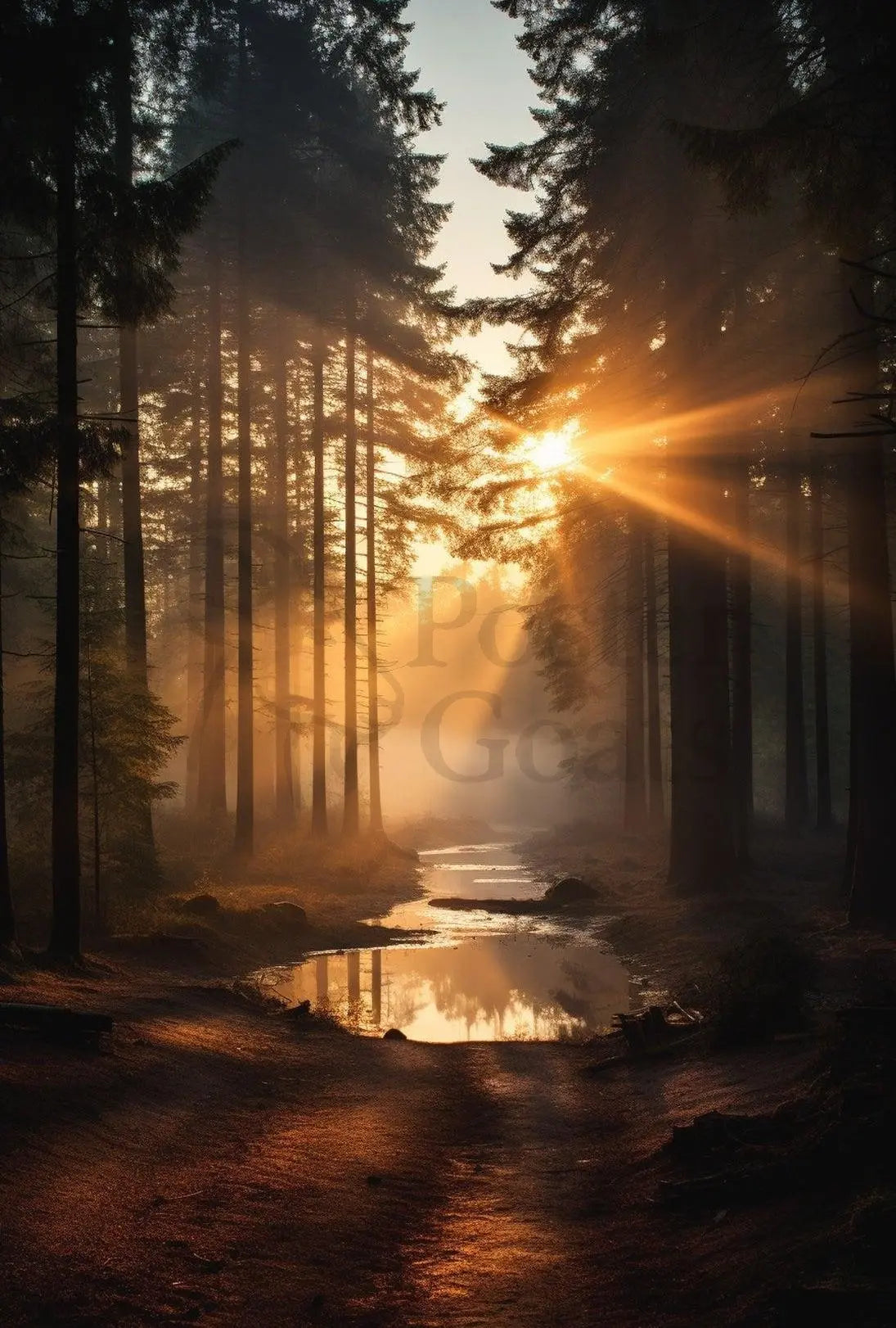 Serene Sunrise in Tranquil Forest National Park Poster PosterGoat