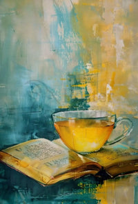 Serene Tea and Book Artistic Impressionistic Poster PosterGoat