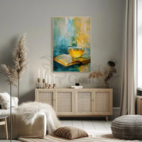 Serene Tea and Book Artistic Impressionistic Poster PosterGoat
