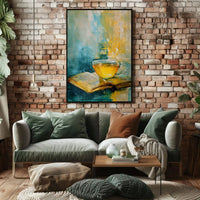 Serene Tea and Book Artistic Impressionistic Poster PosterGoat