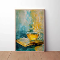 Serene Tea and Book Artistic Impressionistic Poster PosterGoat