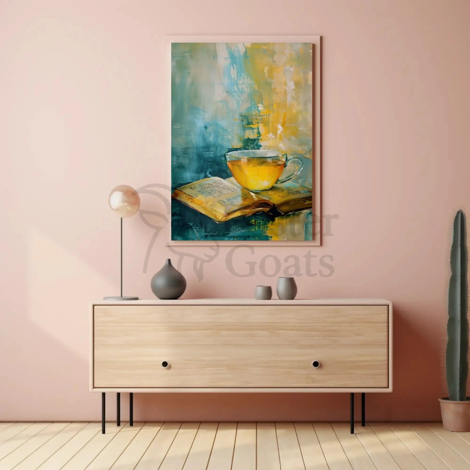 Serene Tea and Book Artistic Impressionistic Poster PosterGoat