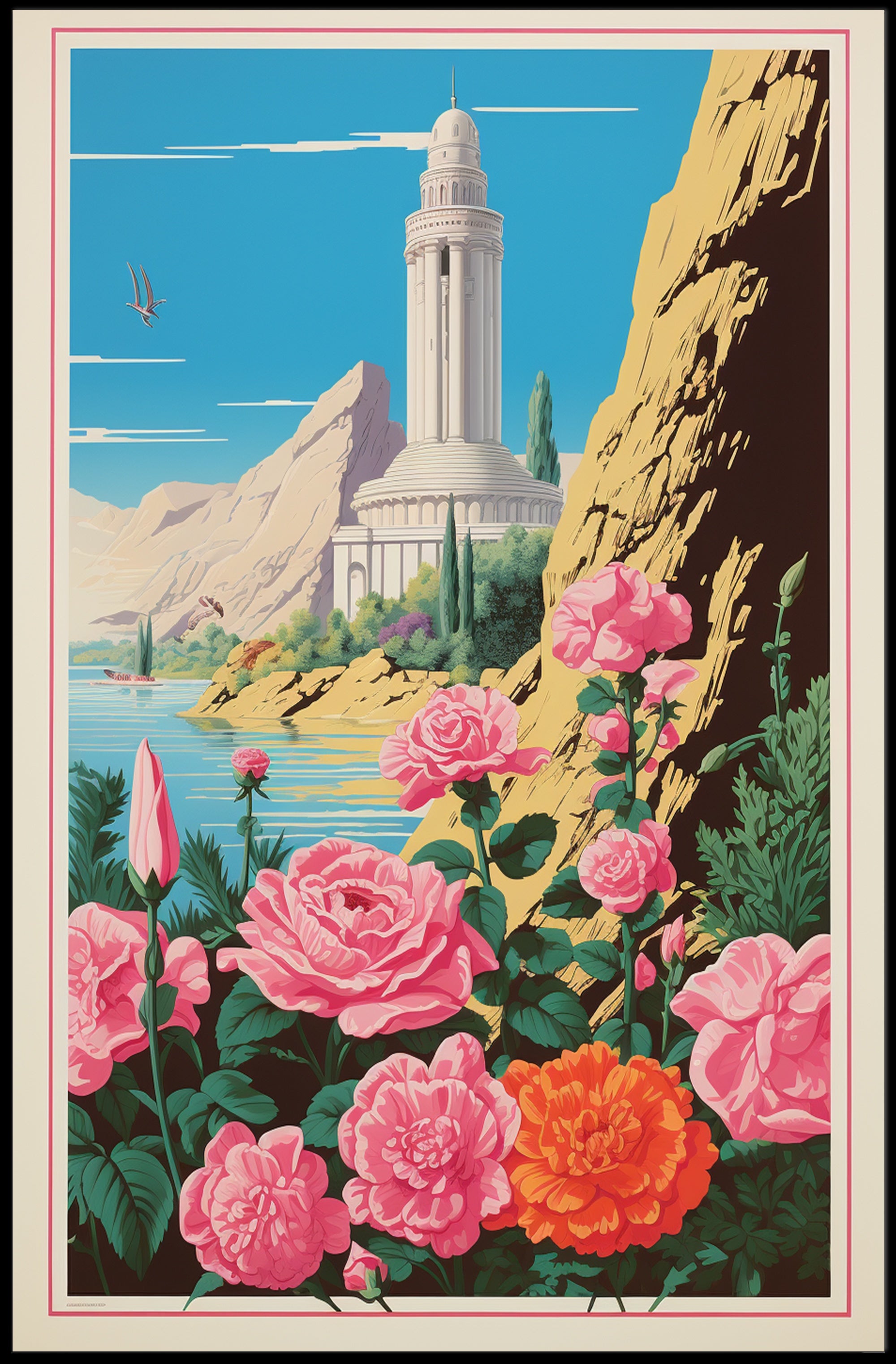 Serene Tower and Roses Vintage Travel Poster PosterGoat