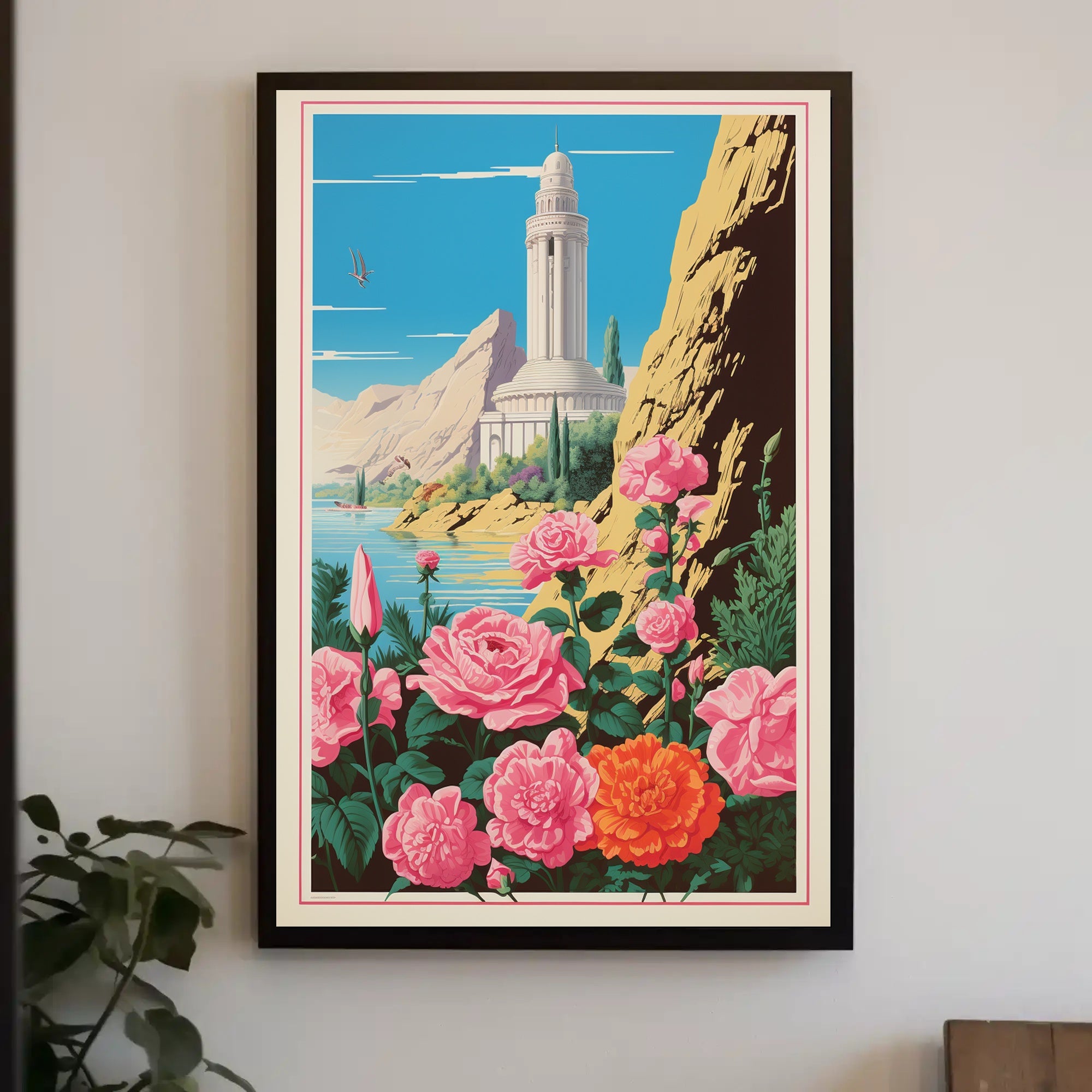Serene Tower and Roses Vintage Travel Poster PosterGoat