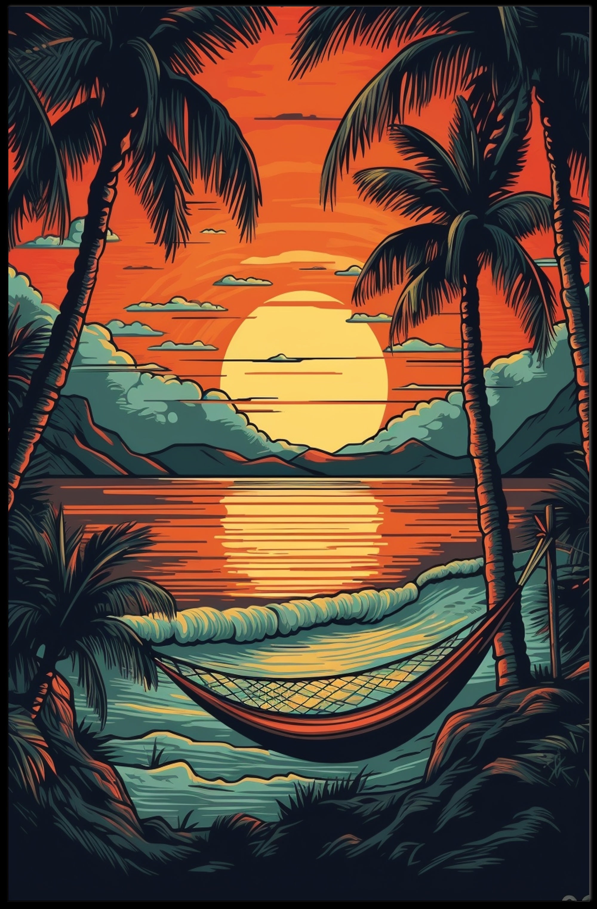 Serene Tropical Sunset Beach Hammock Scene Travel Poster PosterGoat