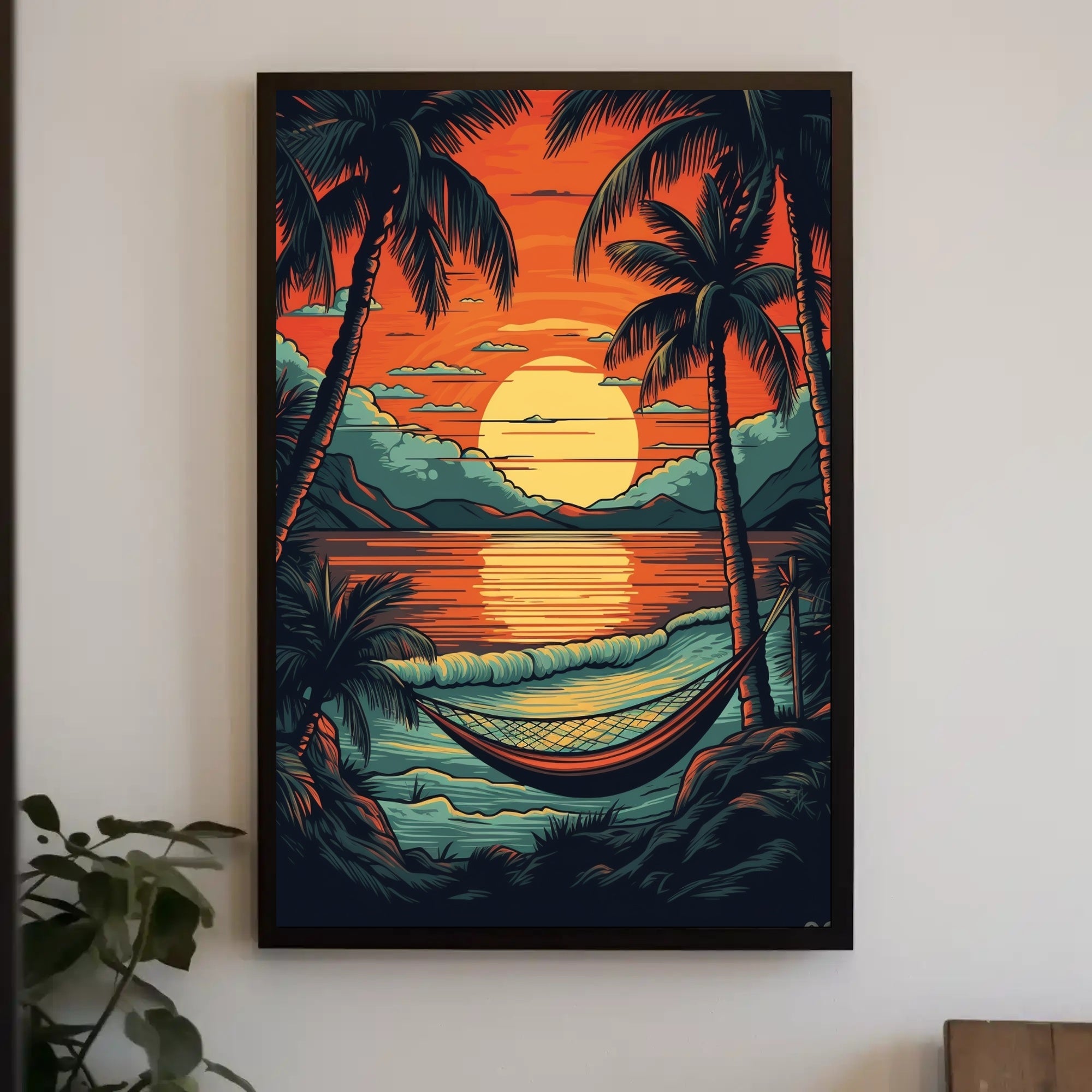 Serene Tropical Sunset Beach Hammock Scene Travel Poster PosterGoat