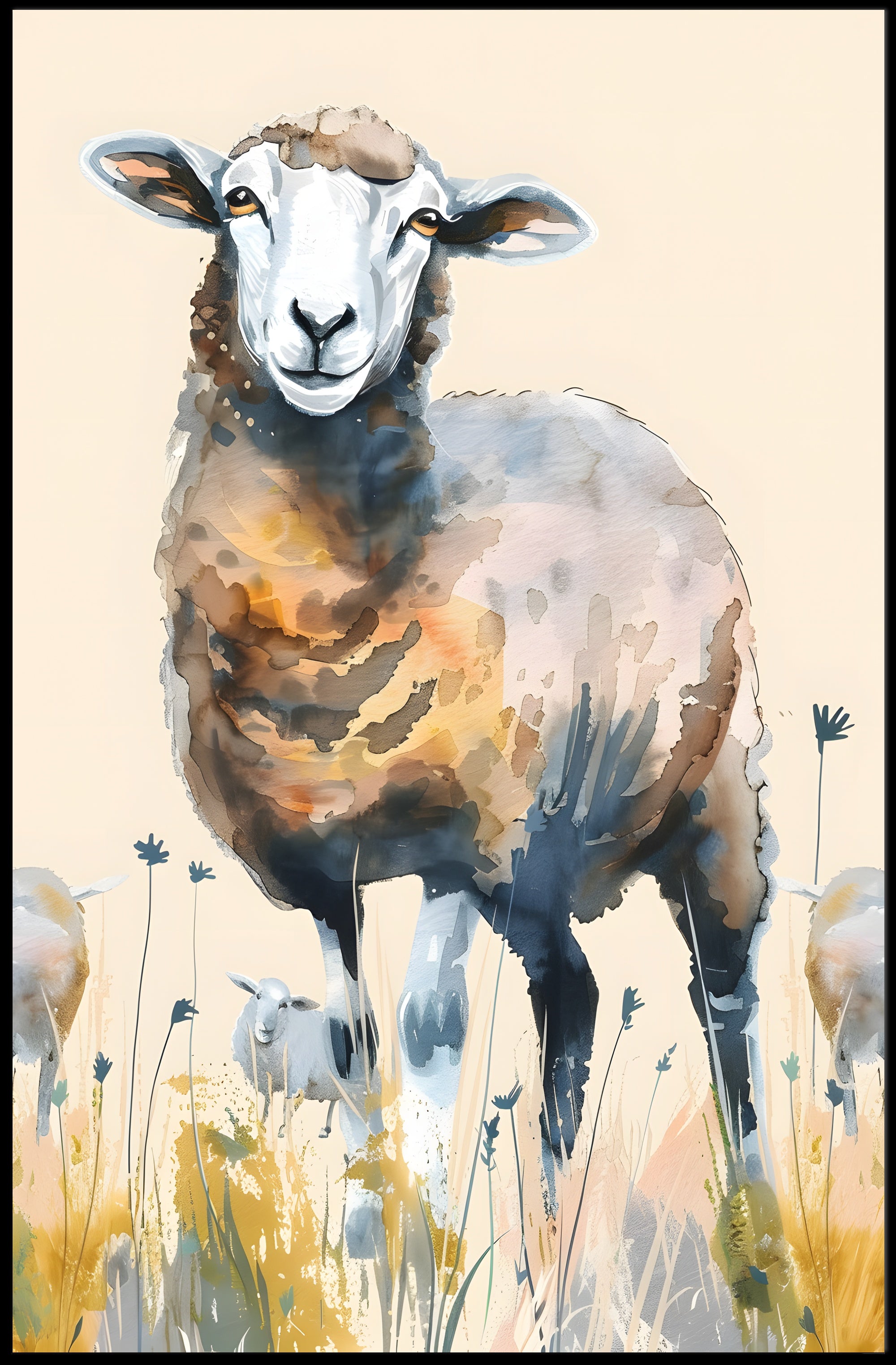 Serene Watercolor Sheep in Pastoral Countryside Animal Poster PosterGoat