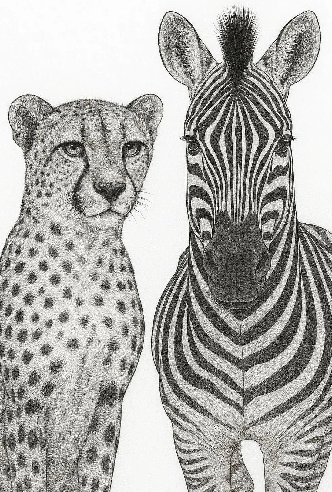 Serene Wildlife Contrast: Cheetah and Zebra Animal Poster PosterGoat