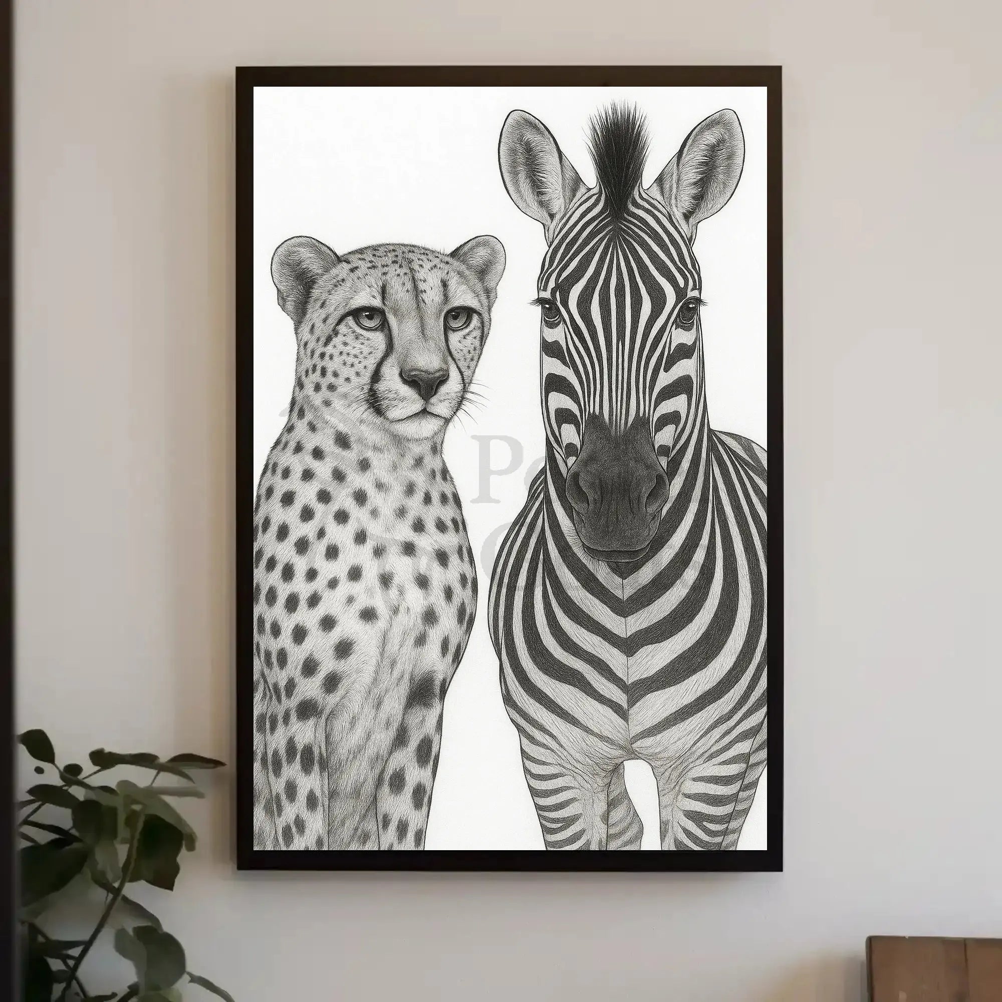 Serene Wildlife Contrast: Cheetah and Zebra Animal Poster PosterGoat