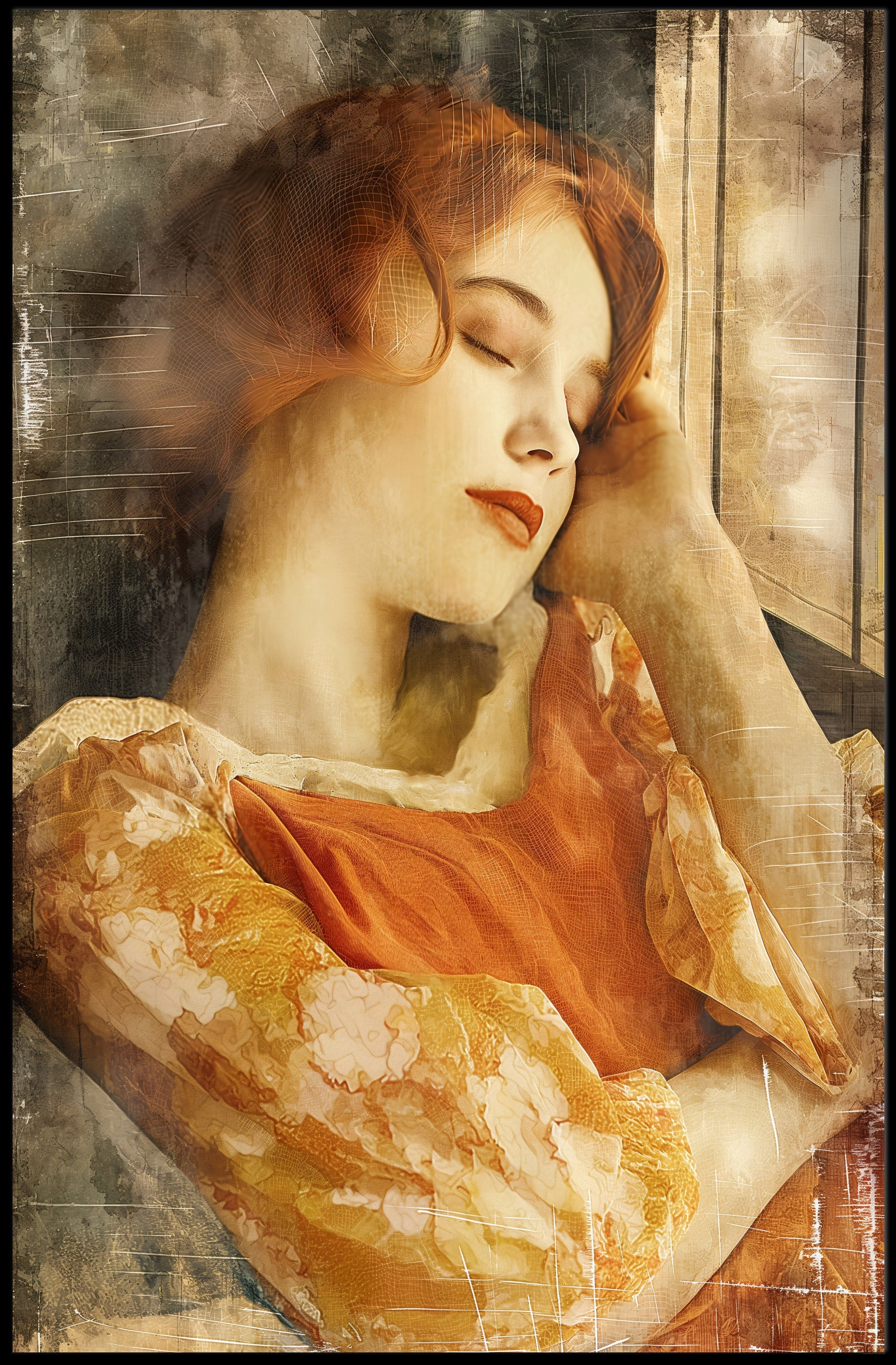 Serene Woman in Vintage Dress Artistic Poster PosterGoat