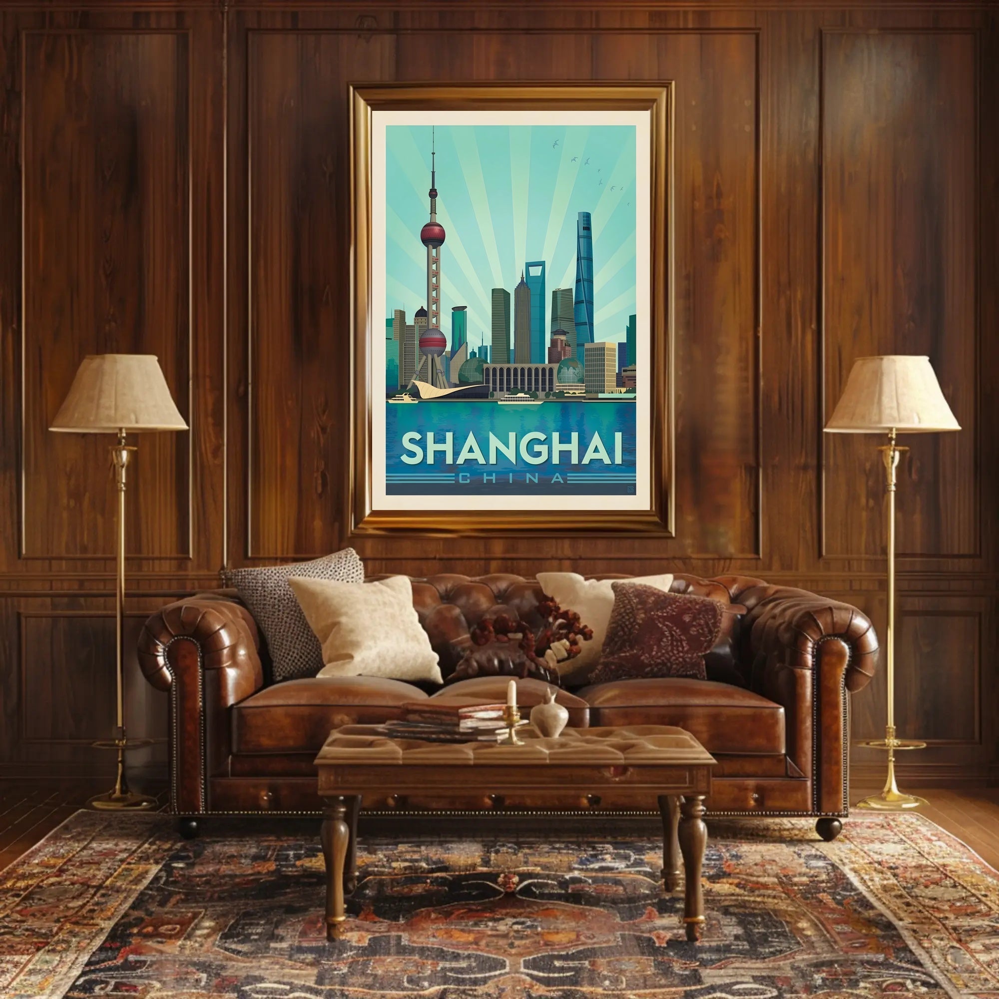 Shanghai Skyline Retro Art Travel Poster PosterGoat