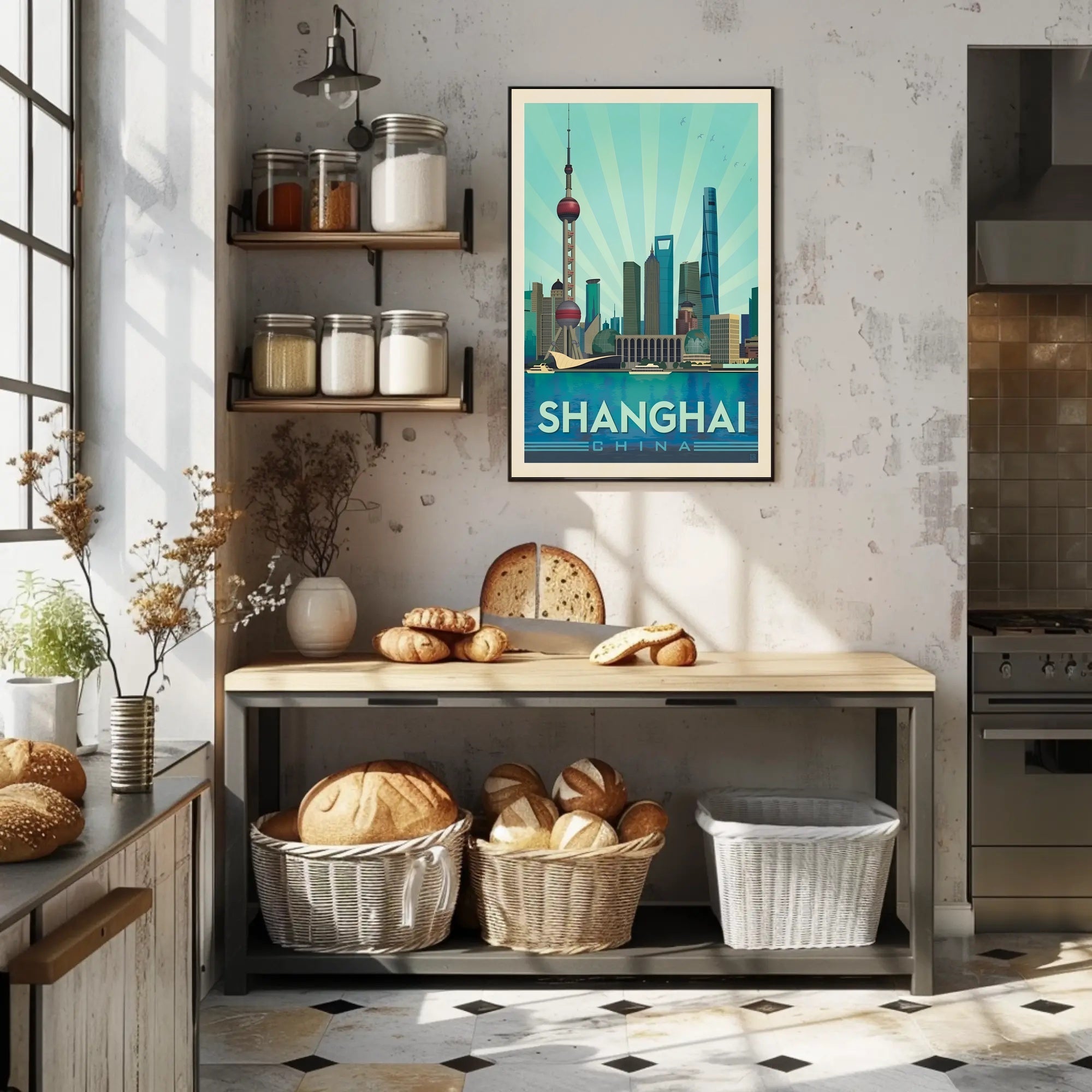 Shanghai Skyline Retro Art Travel Poster PosterGoat
