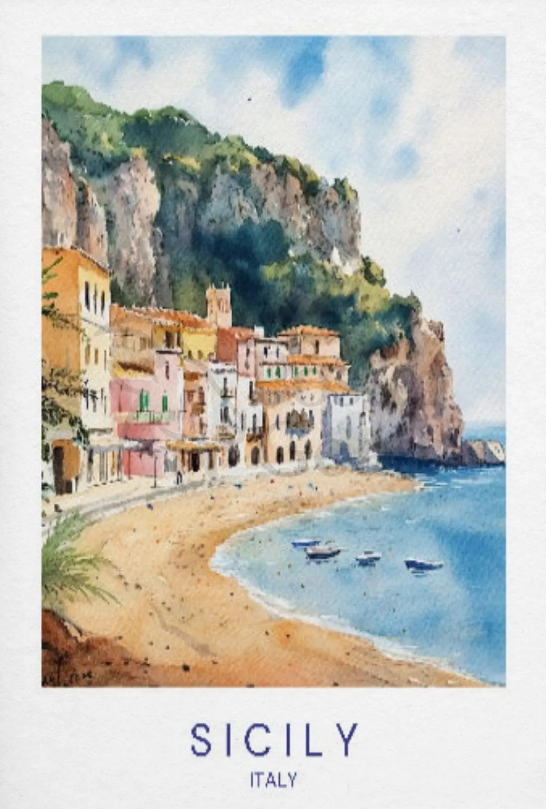 Sicilian Coastal Serenity Scenic Watercolor Travel Poster PosterGoat