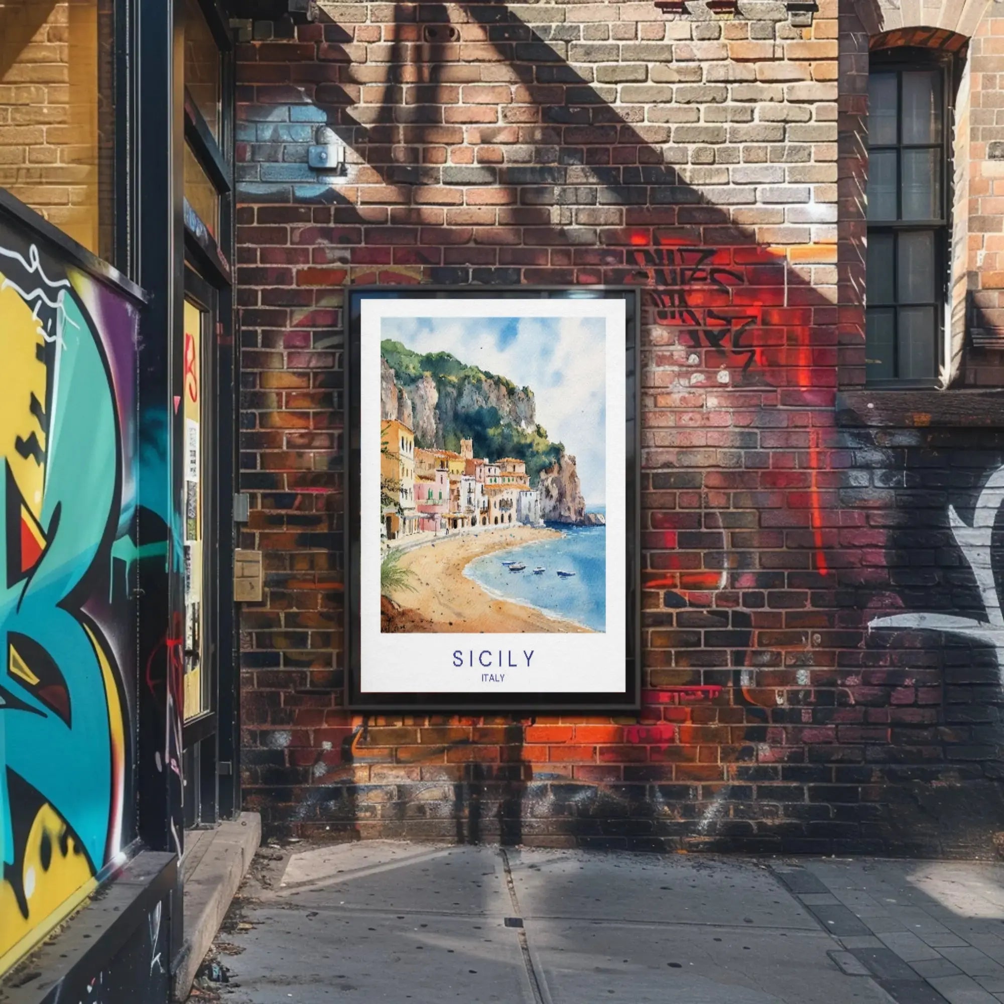 Sicilian Coastal Serenity Scenic Watercolor Travel Poster PosterGoat