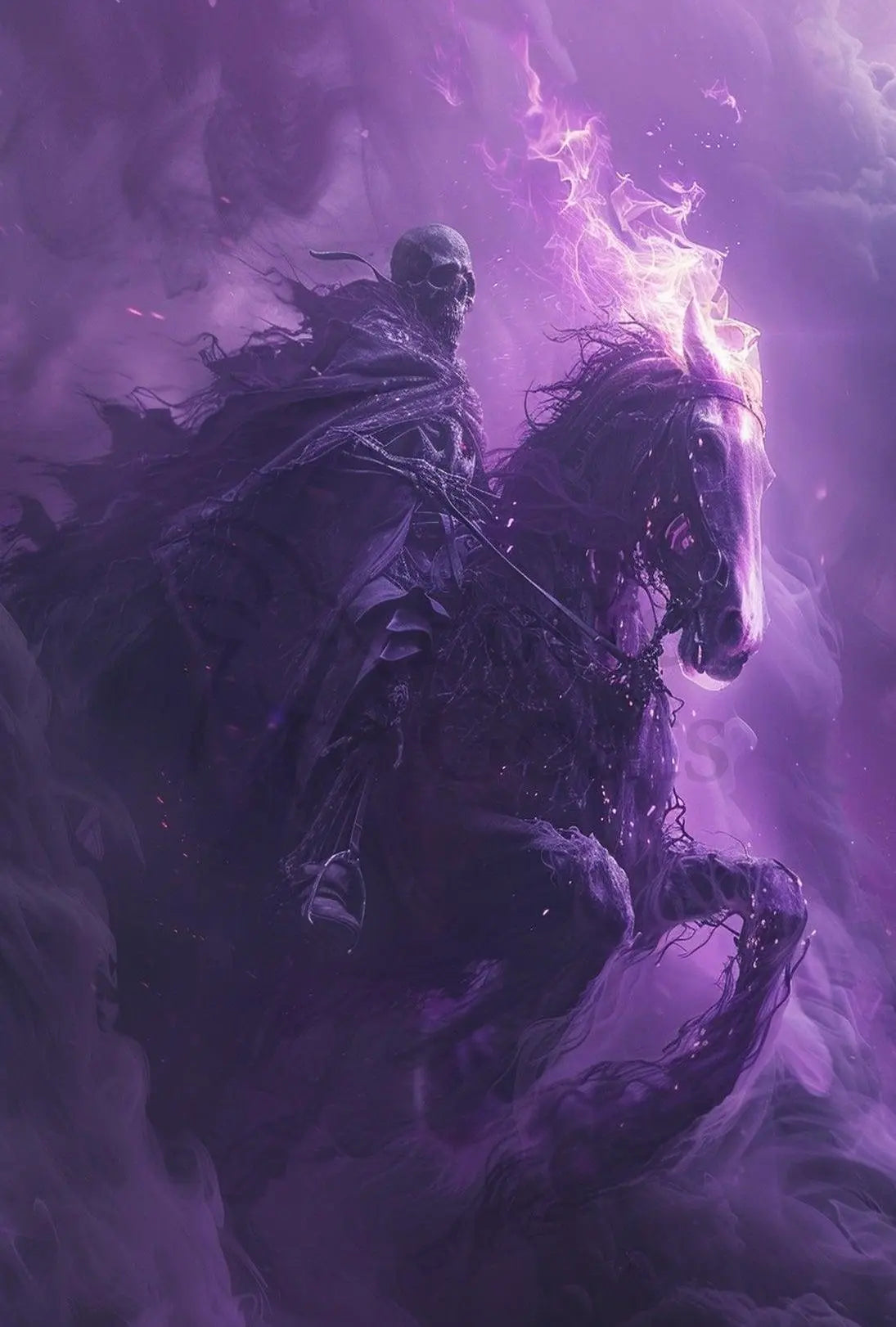 Skeletal Rider on Fiery Horse Fantasy Illustration Poster PosterGoat