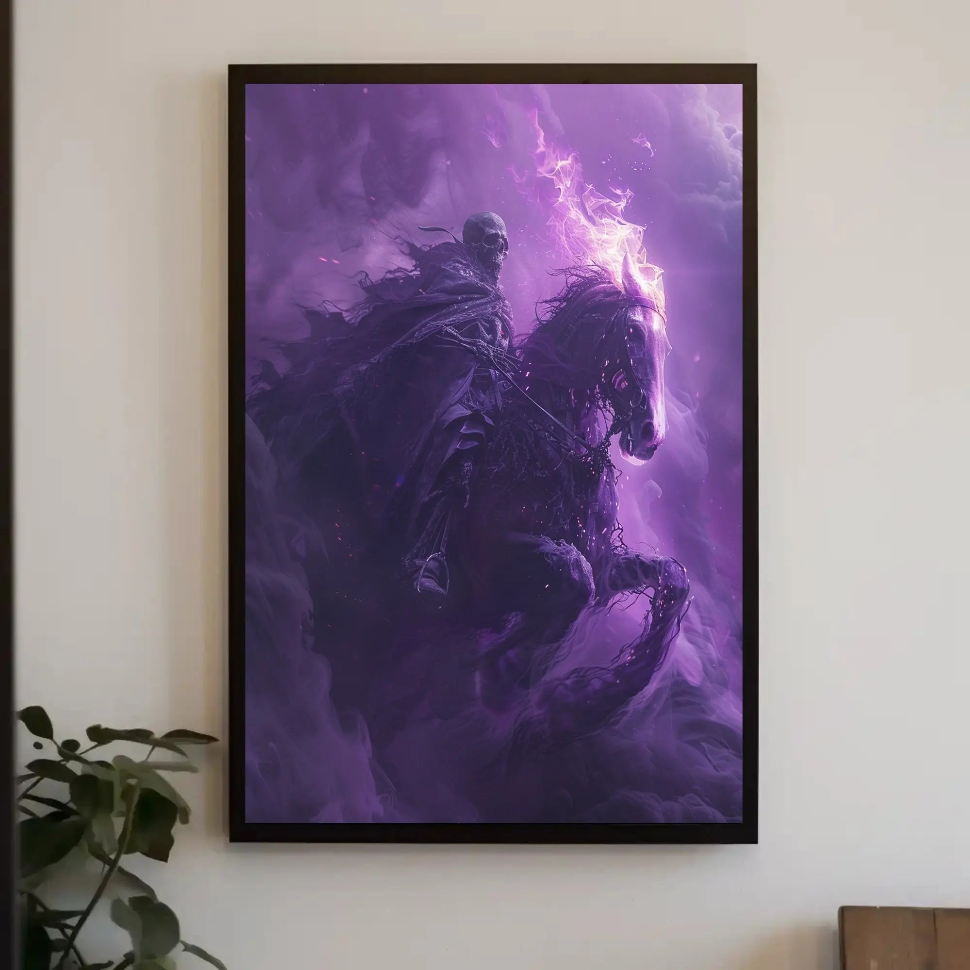 Skeletal Rider on Fiery Horse Fantasy Illustration Poster PosterGoat